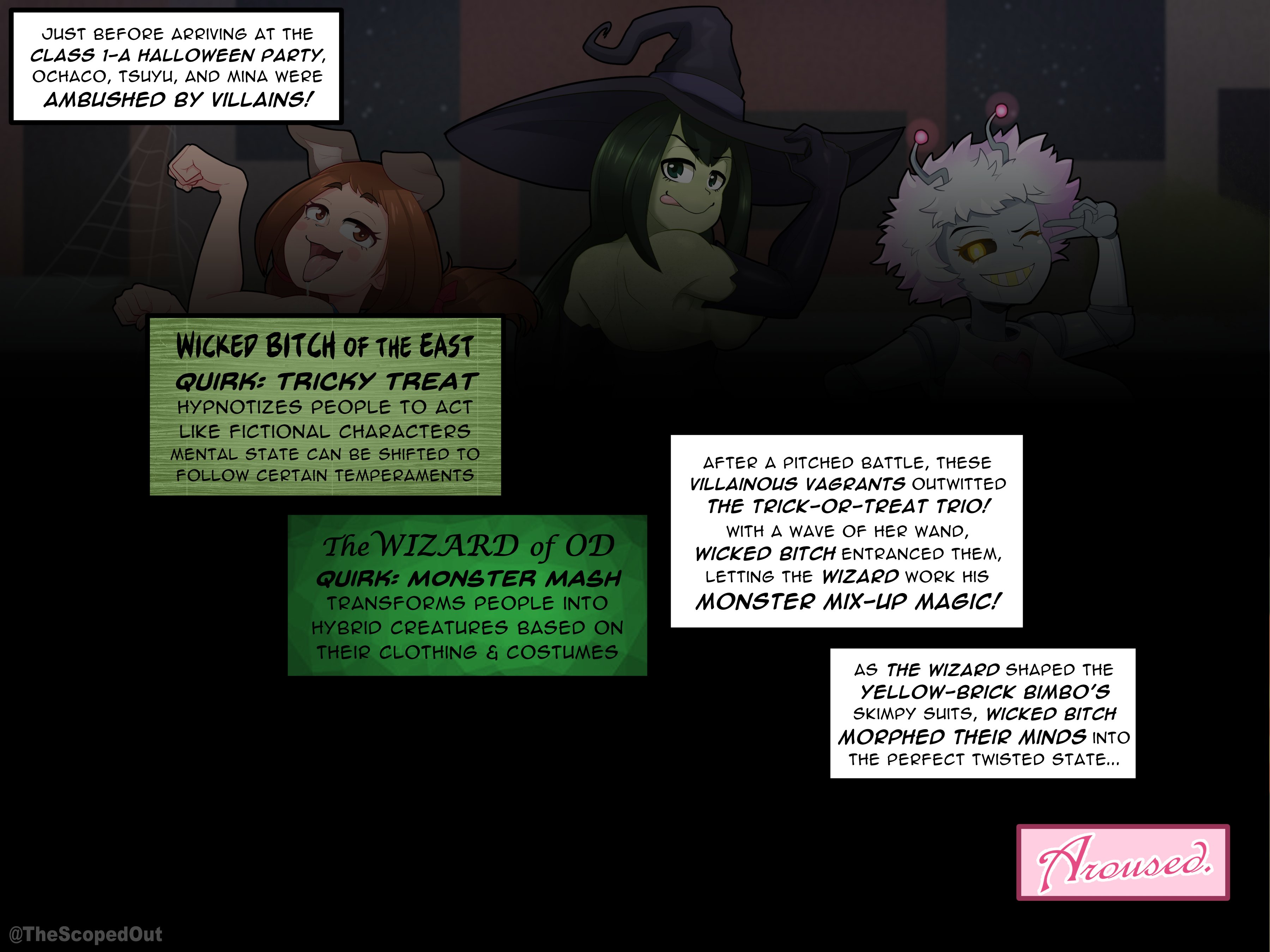 altered perception, alternate costume, corruption, female, halloween, mina ashido, mind control, my hero academia, ochako uraraka, scopedout, transformation, tsuyu asui, witch