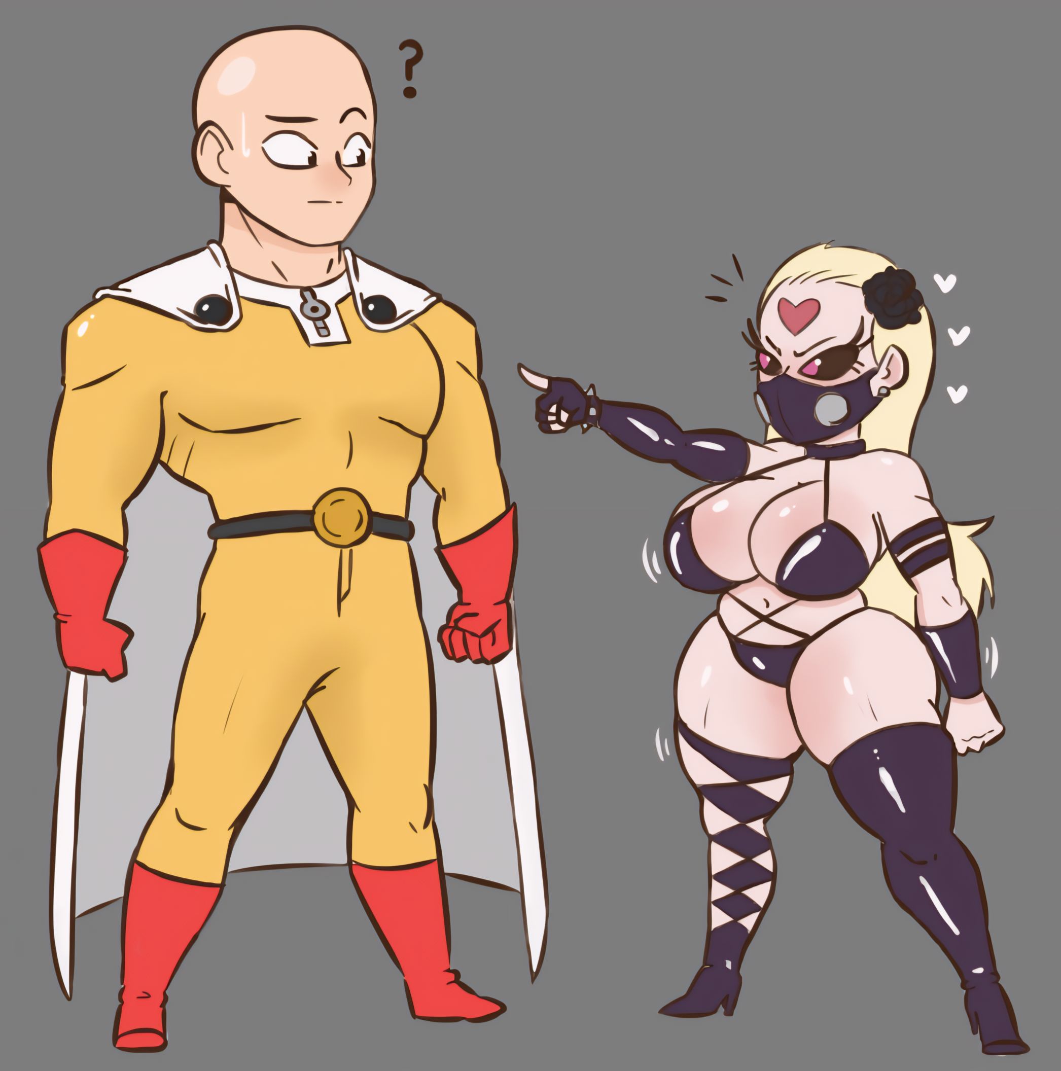 bald male, black sclera, blonde hair, boots, choker, collar, female, gas mask, high heels, kaijin hime do-s, long hair, male, mask, one-punch man, saitama, santiago951, tagme, thigh boots, thighhighs