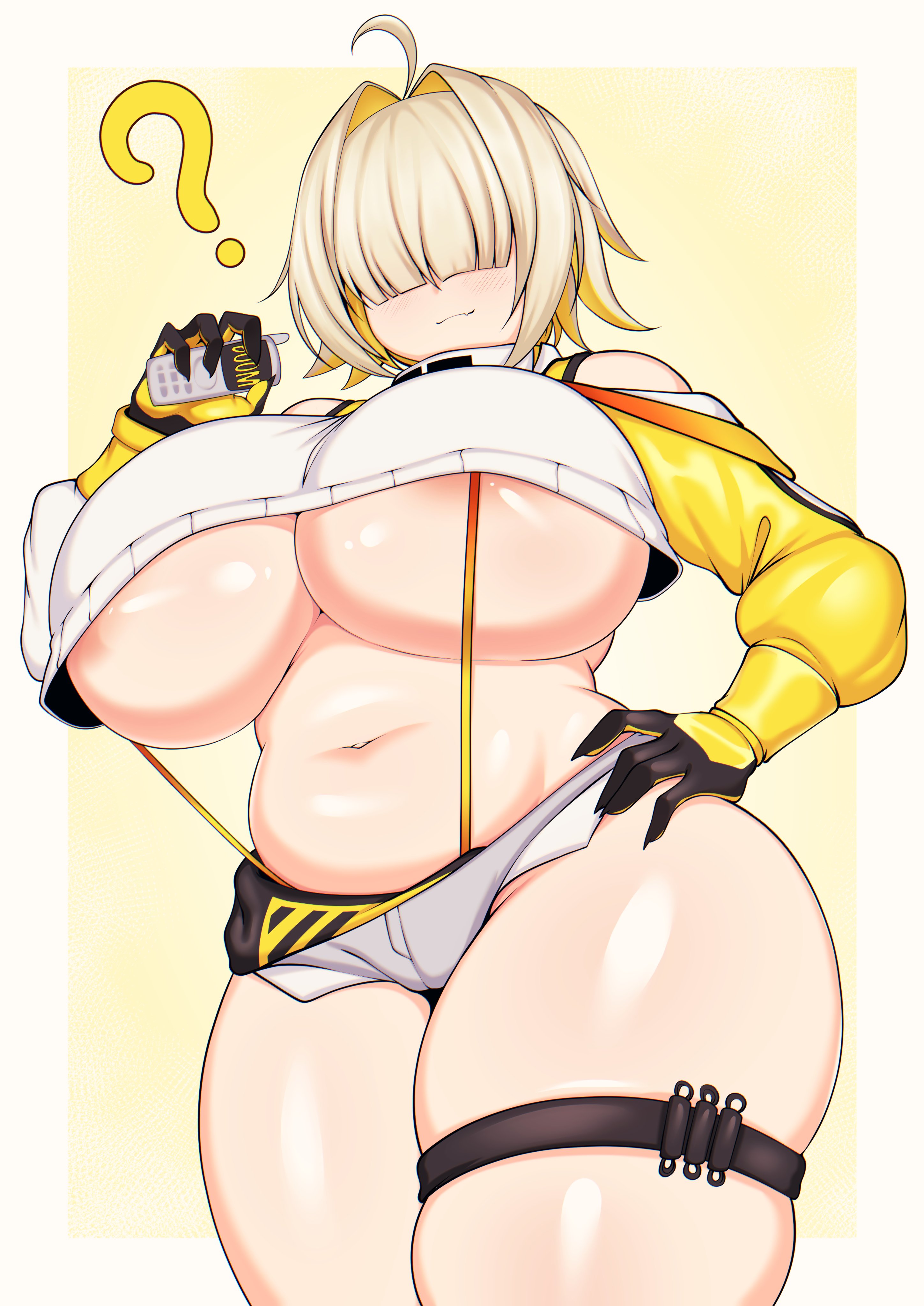?, 1girls, ahoge, big breasts, blonde hair, breasts, elegg (nikke), female, gloves, goddess of victory: nikke, hair over eyes, huge breasts, short shorts, shorts, skindentation, solo, suspenders, tailzkim, thick thighs, thigh strap, two-tone hair, underboob, wide hips