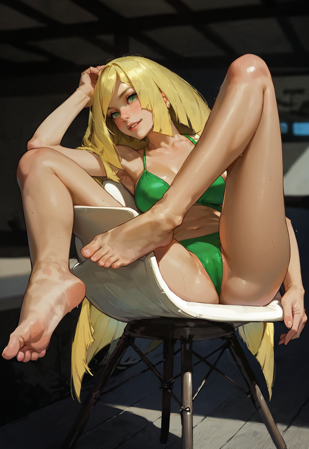 1girls ai_generated bikini clothing cute dressed female foot_fetish green_bikini lusamine_(pokemon) petite playfulslothh pokemon skinny slim softcore spreading_legs teenager