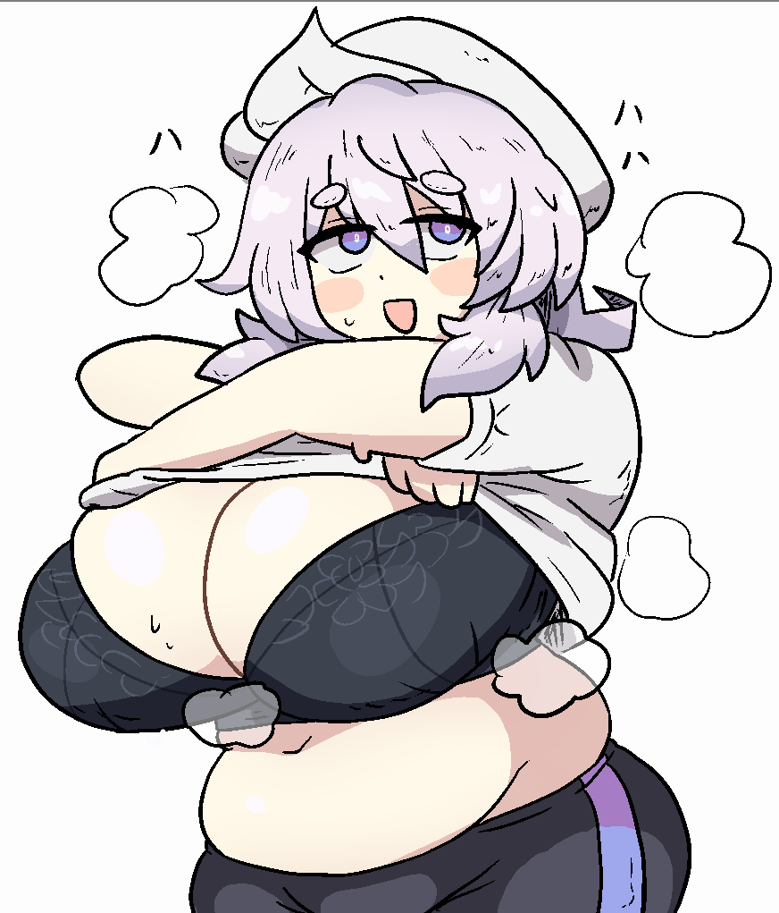 1girls big_belly big_breasts black_bra bra breasts chubby_female cleavage clothed_female doodle hat lavender_hair letty_whiterock lifting_shirt light-skinned_female mature_female notnoe_(dxcl) open_mouth pants purple_eyes request solo solo_female sweat touhou