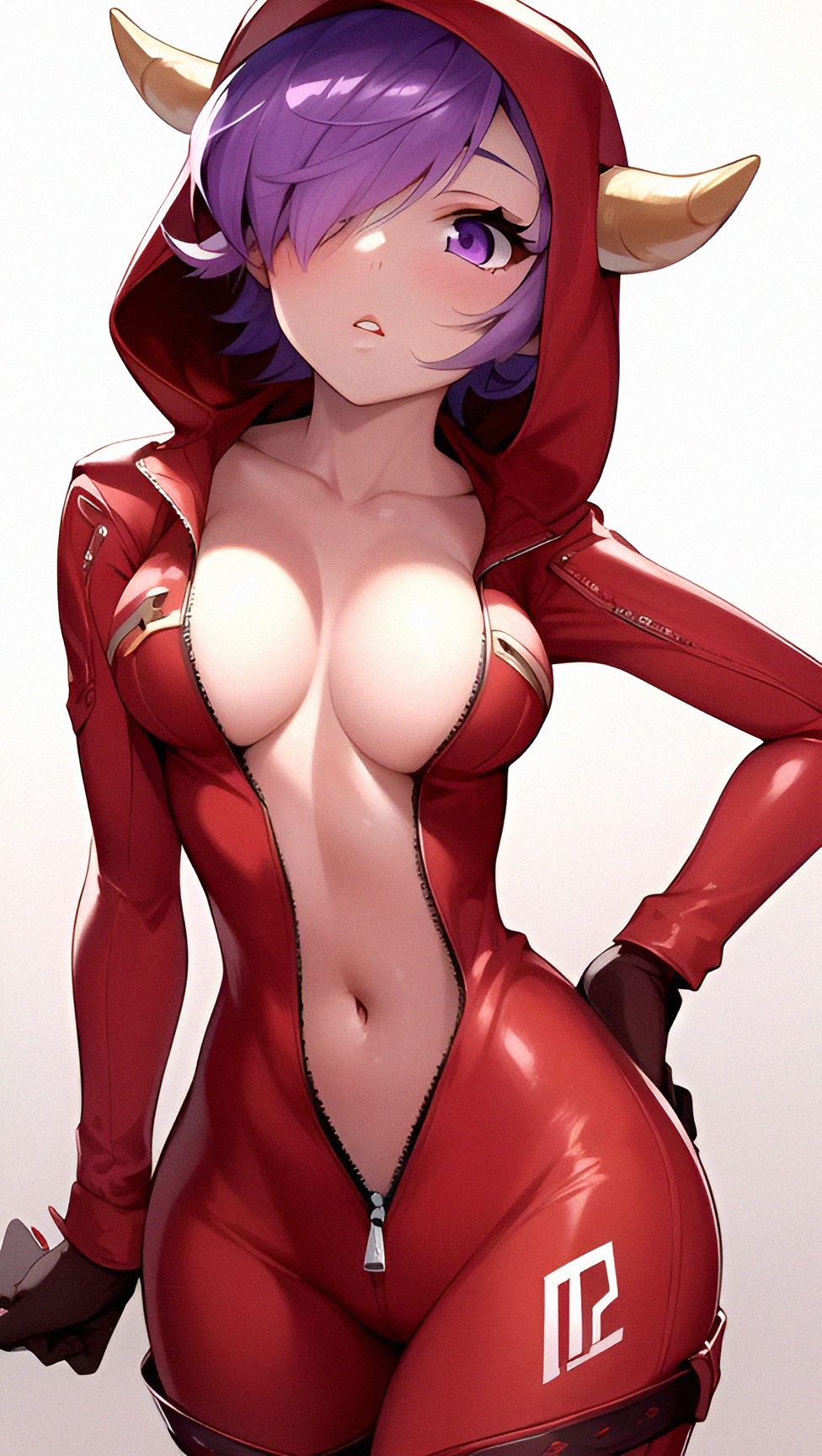 ai generated, blush, blushing, bodysuit, breasts, clavicle, cleavage, collarbone, courtney (pokemon), eyelashes, female, gloves, hair over one eye, hand on hip, hips, horns, large breasts, light skin, light-skinned female, medium breasts, navel, no bra, parted lips, pokemon, purple eyes, purple hair, red bodysuit, short hair, simple background, slim, slim waist, solo, thick thighs, unzipped, unzipped bodysuit