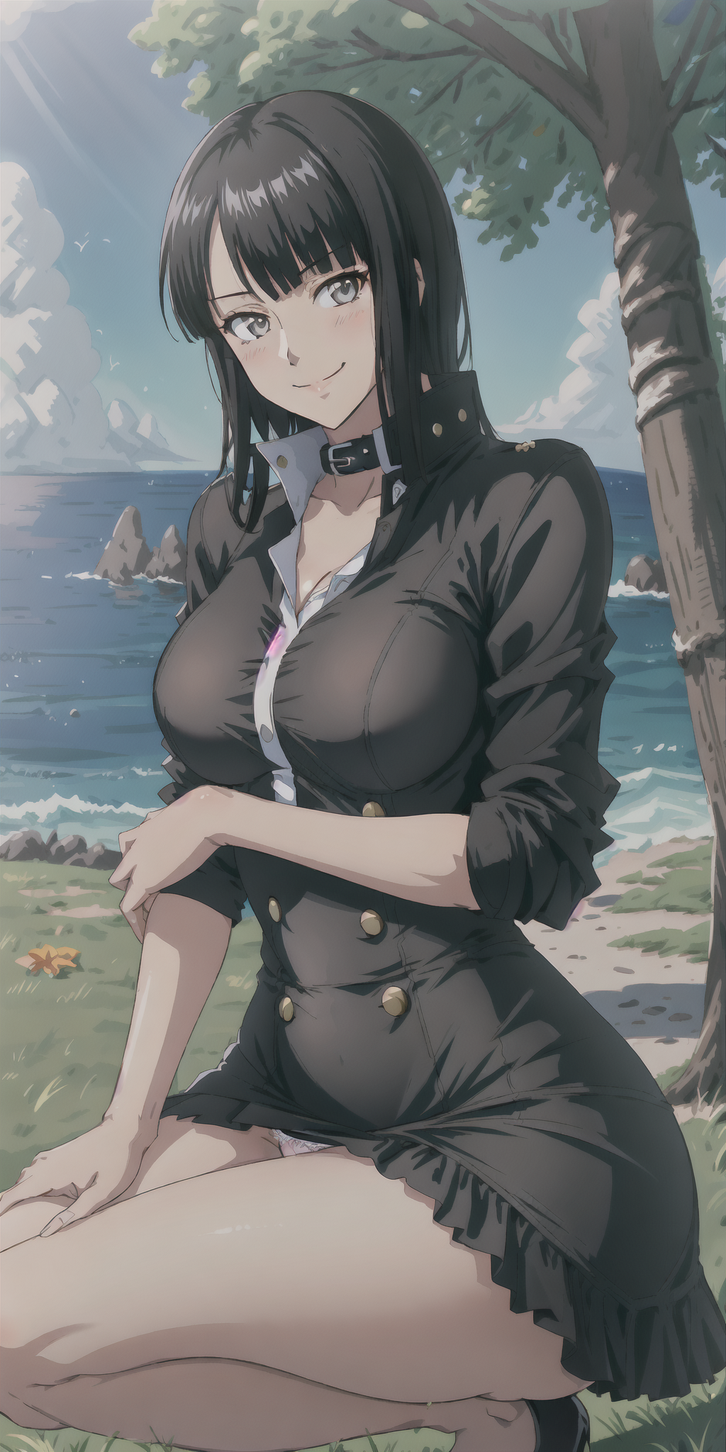 1girls ai_generated artist_request black_dress black_hair clothed female female_only knees_together nico_robin one_piece panty_peek pantyshot pink_panties pre-timeskip smiling smiling_at_viewer softcore solo squatting text underwear