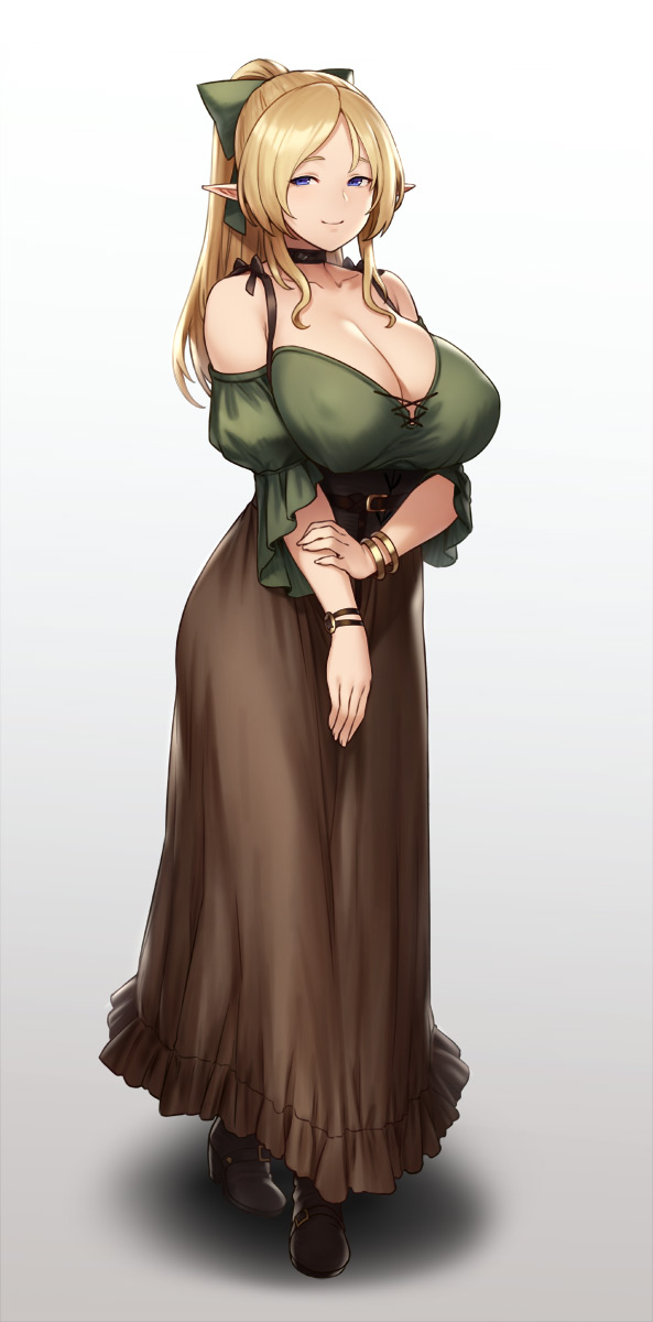 1girls, blonde hair, blue eyes, breasts, cleavage, dress, elf, female, female only, houtengeki, large breasts, looking at viewer, pointy ears, ponytail, smile, solo, standing
