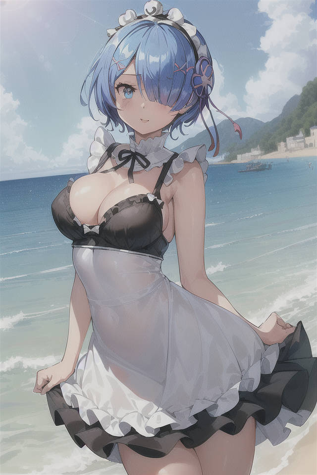 1girls 84crows ai_generated beach blue_eyes blue_hair breasts clouds hair_over_one_eye large_breasts looking_at_viewer maid maid_headdress maid_uniform ocean outside re:zero_kara_hajimeru_isekai_seikatsu rem_(re:zero) short_hair sky sundress water x_hair_ornament