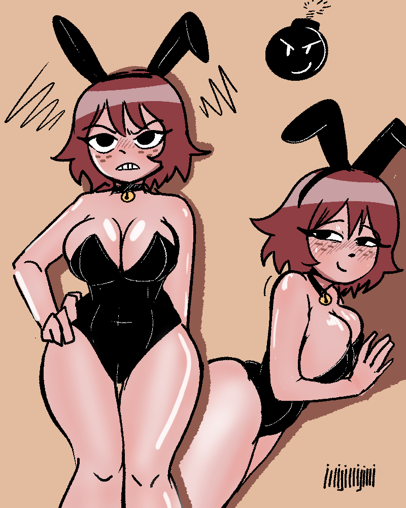 1girls bare_shoulders bell bell_collar black_eyes blush brown_hair bunny_ears bunnysuit female freckles hand_on_hip illijillijilli kim_pine light-skinned_female light_skin scott_pilgrim short_hair sweat