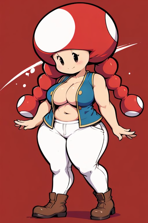 1girls ai_generated big_breasts black_eyes blue_vest blush boots breasts brown_boots chubby chubby_female cleavage clothing curvy curvy_figure female female_only full_body genderswap_(mtf) mario_(series) nintendo open_vest pants pixai red_background rule_63 simple_background smile solo standing toadette twintails vest white_pants