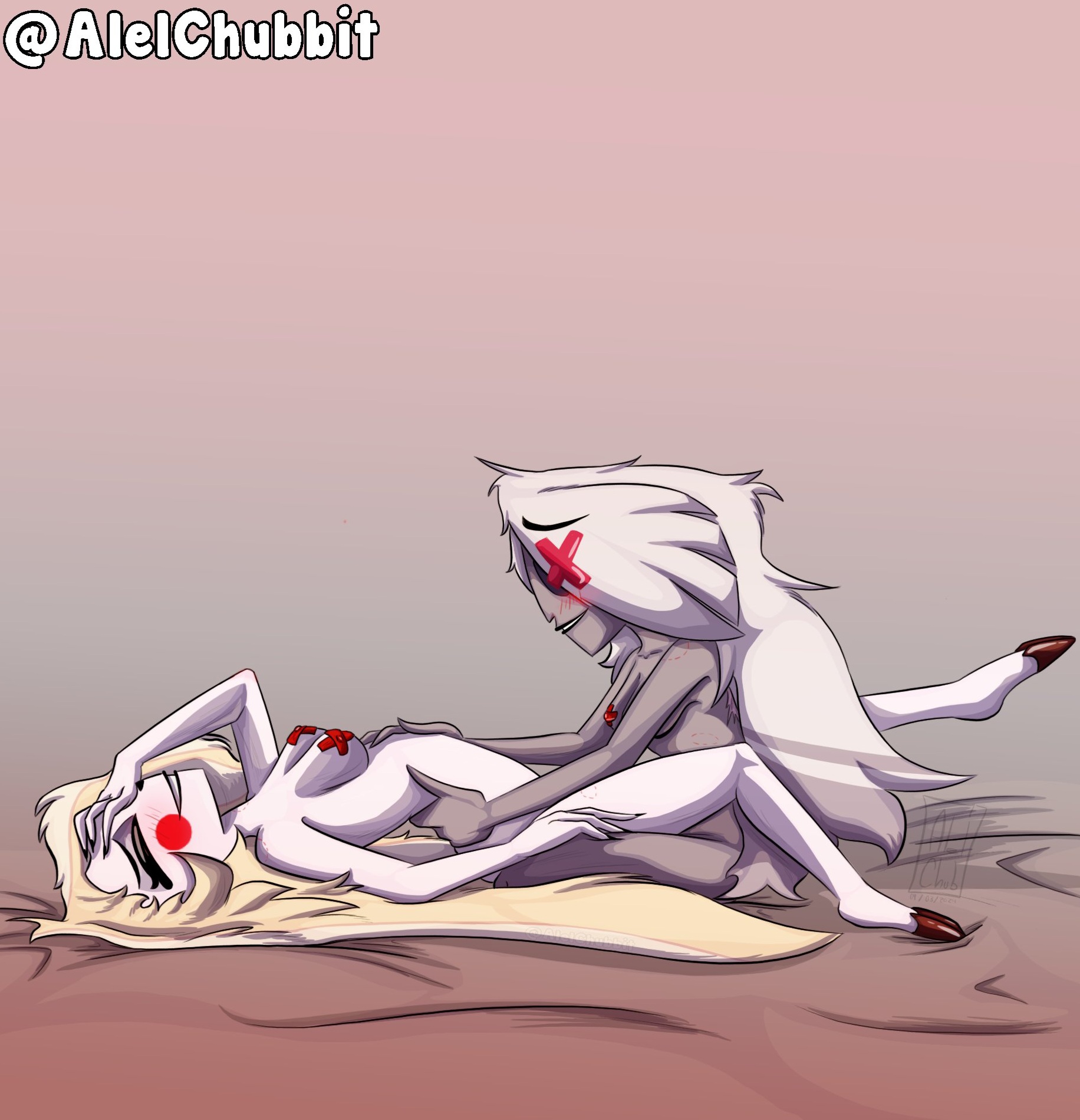 2girls, bite marks, breasts, canon couple, charlie morningstar (hazbin hotel), closed eyes, covered nipples, female, female only, female/female, hazbin hotel, legs around partner, lesbian couple, lesbian sex, multiple females, multiple girls, naked female, nude, nude female, taped nipples, touching belly, vaggie (hazbin hotel), yuri