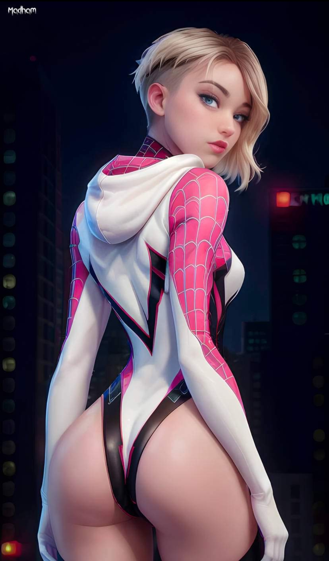 1girls, ai generated, ass, big ass, blonde hair, female, female only, gwen stacy, marvel, marvel comics, solo, spider-gwen, straight hair, superheroine, wide hips