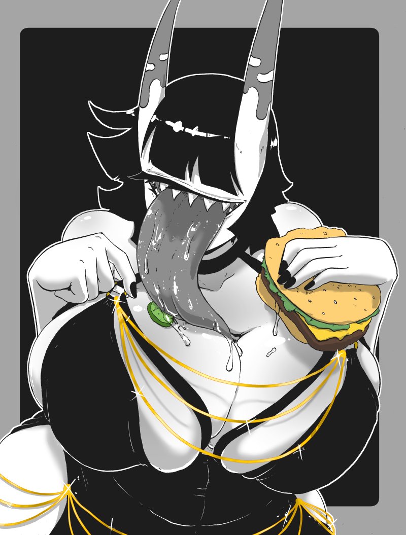 ahp_(gpsdvice) big_breasts burger gps-device huge_breasts long_tongue original sharp_teeth