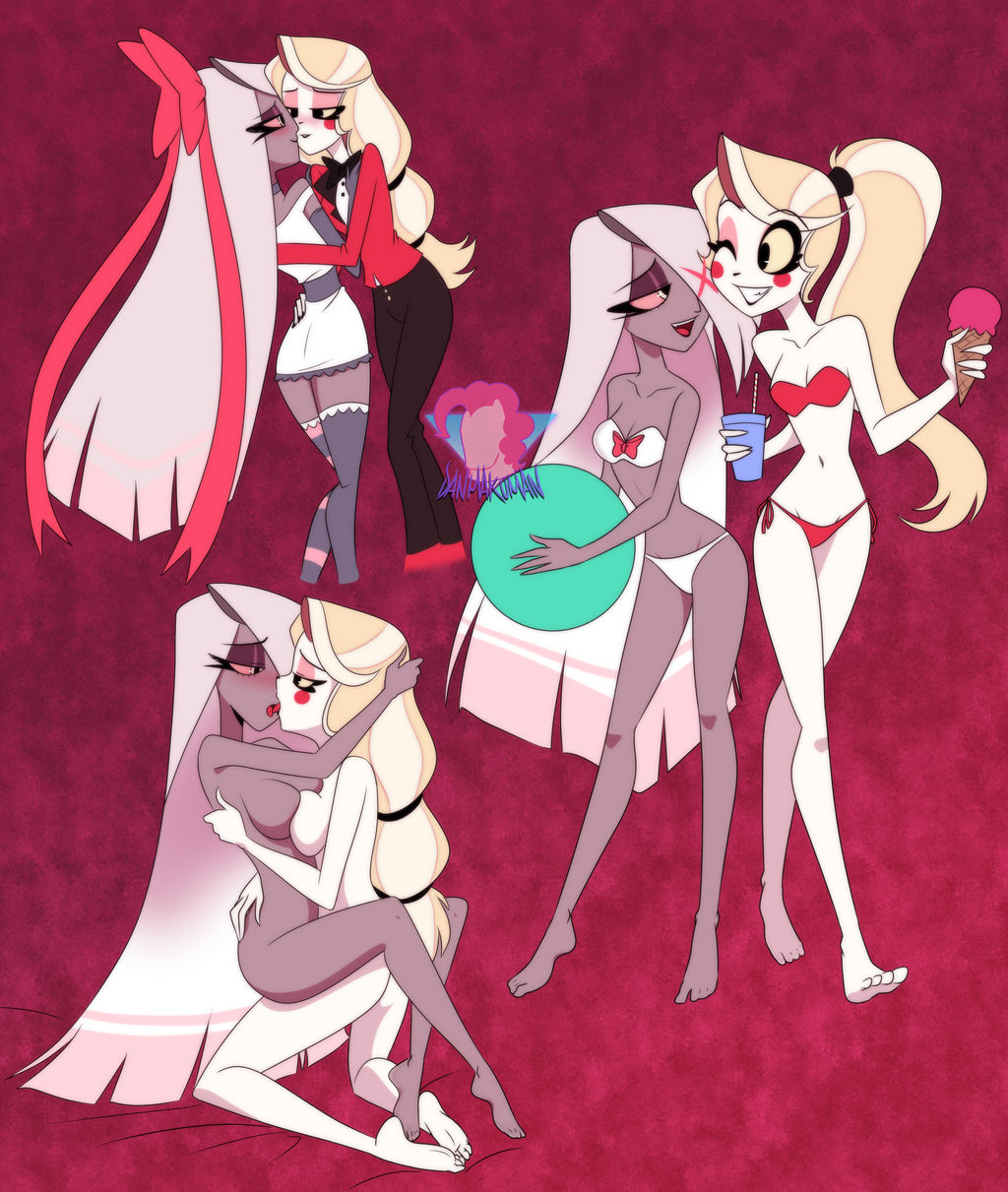 2021, 2girls, belly, belly button, bikini, black nail polish, black nails, blush, breast press, breasts, canon couple, charlie morningstar (hazbin hotel), danmakuman, feet, female, girls kissing, hazbin hotel, ice cream, ice cream cone, kissing, legs, lesbian, lesbian sex, multiple females, multiple girls, multiple poses, nude, nude female, ponytail, romantic couple, thighs, vaggie (hazbin hotel), white skin, yuri
