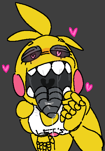 bananalizard bedroom_eyes black_sclera eyes_half_open finger_in_mouth five_nights_at_freddy's five_nights_at_freddy's_2 heart-shaped_pupils leaning_forward mawshot mouth mouth_fetish mouth_open perspective saliva saliva_drip saliva_string saliva_trail sharp_teeth simple_background solo solo_female spit teeth tongue_out toy_chica_(fnaf) toy_chica_(love_taste) wet_mouth yellow_body