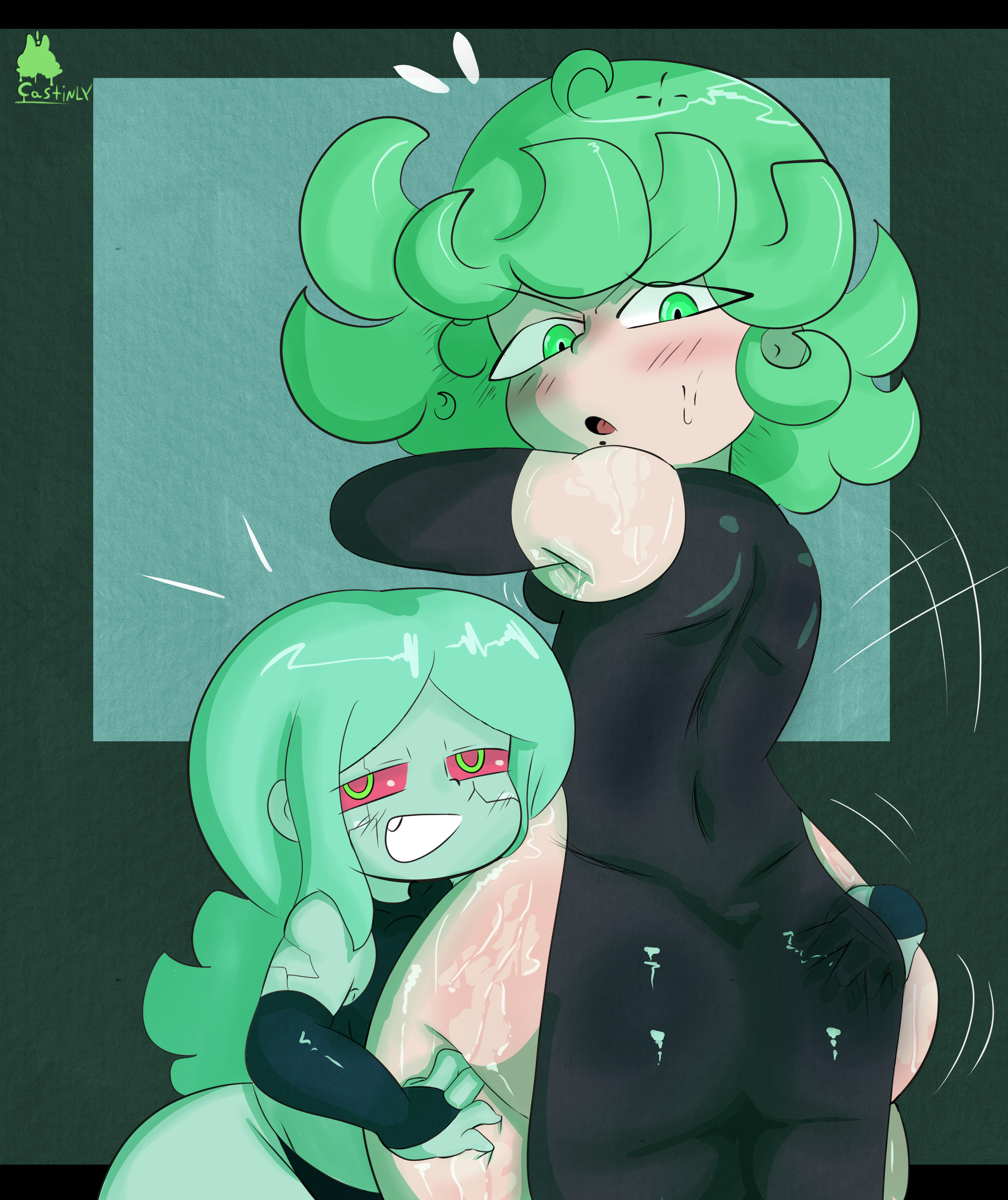 2girls, annoyed, arm up, armpit, armpit fetish, armpits, ass, ass focus, ass grab, ass visible through clothes, big ass, big butt, black panties, blush, blush lines, breasts, castinly, crossover, cyberpunk 2077, cyberpunk: edgerunners, female, female only, grabbing ass, green eyes, green hair, looking at viewer, multiple females, multiple girls, one-punch man, panties, rebecca (edgerunners), red sclera, shortstack, skirt, small breasts, smug, smug face, sweat, sweatdrop, sweaty, tatsumaki, thick thighs, white skin, wide hips, yuri