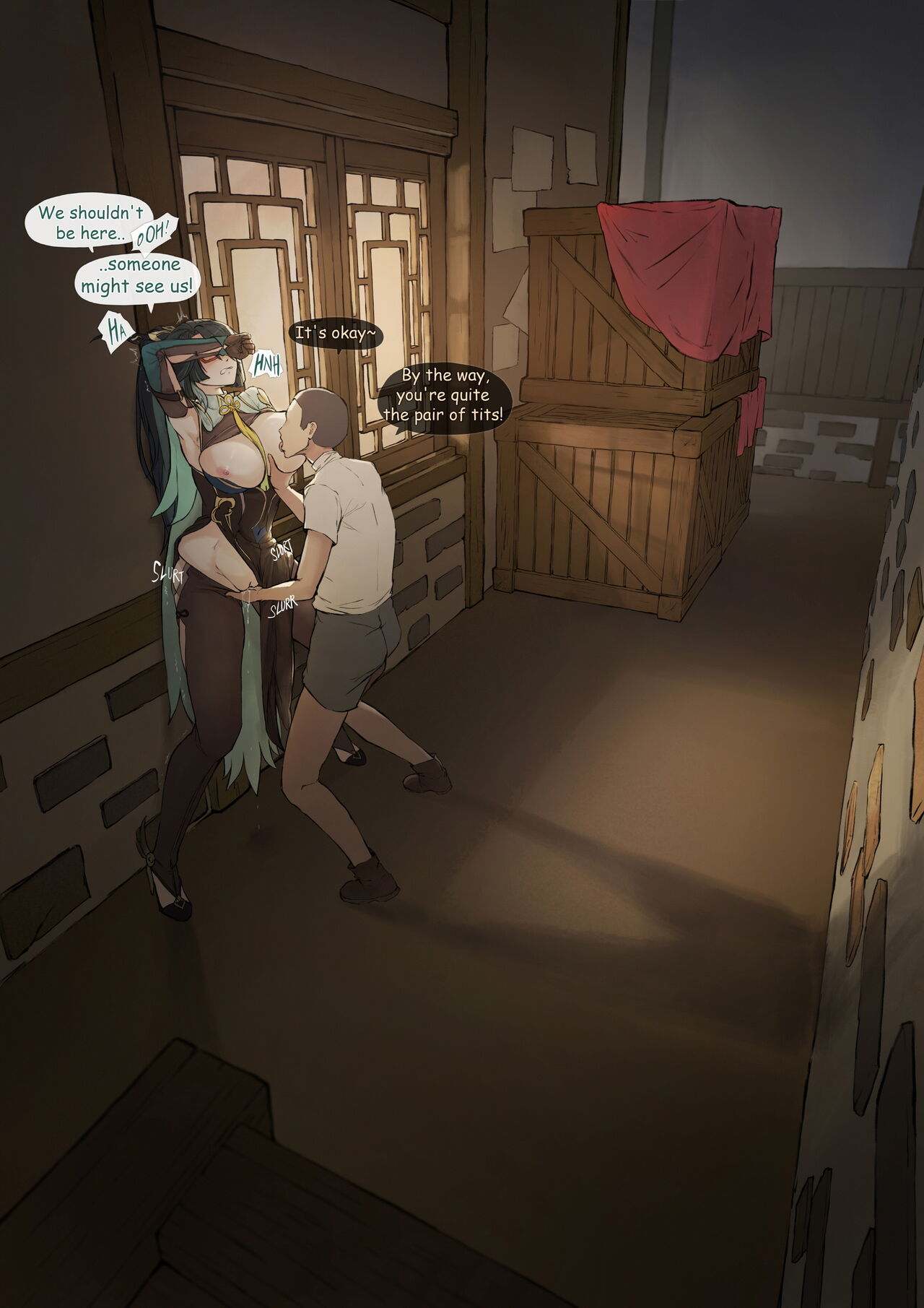1boy, 1girls, alley, assertive male, black hair, breast squeeze, breast sucking, breasts, breasts out, colored inner hair, covering eyes, dialogue, dubious consent, english text, faceless male, female, fingering, frozenspiderlily, genshin impact, glasses, green hair, hair ornament, hairless pussy, high heels, larger female, long hair, male, mature female, moaning, night, older female, outdoors, pants down, ponytail, pussy, pussy juice, pussy juice drip, smaller male, tagme, text, two-tone hair, very long hair, xianyun (genshin impact), younger male