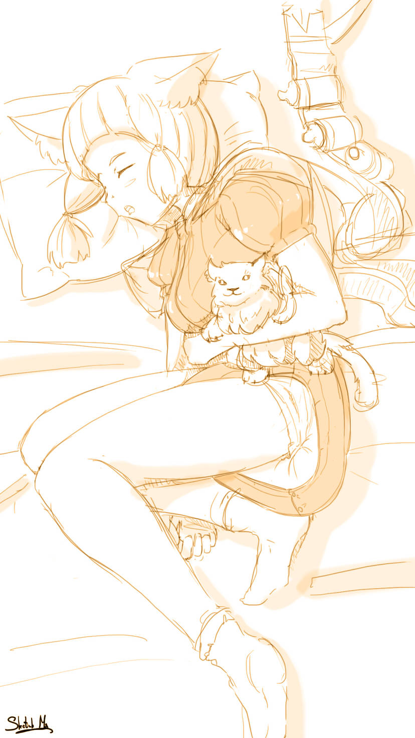 1girls bed breasts cat_ears catgirl closed_eyes diaper diaper_under_clothing line_art medium_breasts messy_diaper nia nintendo on_bed onesie pillow short_hair sketchmandl sleeping socks stuffed_animal xenoblade_(series) xenoblade_chronicles_2