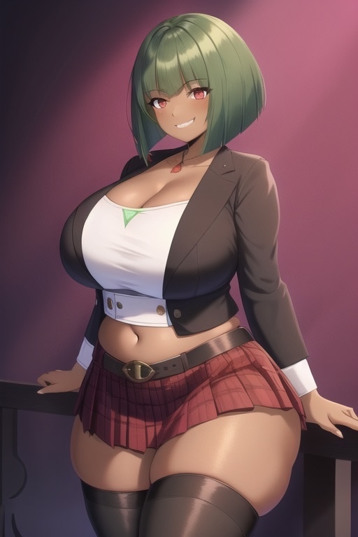 1girls ai_generated alternate_breast_size dark-skinned_female emerald_sustrai female female_only green_hair red_eyes rwby school_skirt school_uniform solo thick_thighs transformationwitch