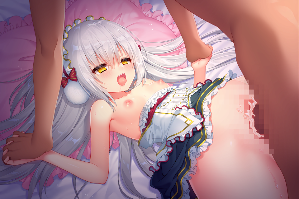 1boy armpits black_skirt bow breasts censored clothed_female_nude_male clothed_sex cum cum_in_pussy female female_orgasm flower_knight_girl game_cg hairband hand_holding long_hair lying missionary mosaic_censoring nipples nude official_art on_back open_mouth orgasm overflow penis pillow raised_eyebrows red_bow sakura_neko sex shiny shiny_skin shirotaegiku_(flower_knight_girl) skirt small_breasts spread_legs straight striped striped_bow tongue tongue_out torogao vaginal_penetration white_hair yellow_eyes