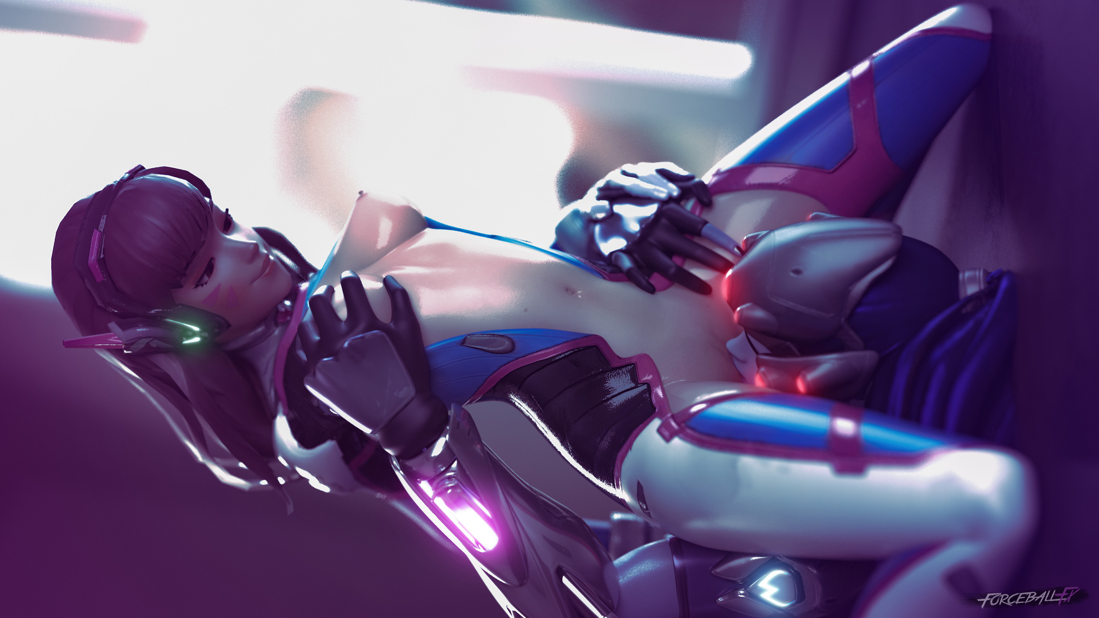 3d, blue hair, breasts, brown hair, d.va, duo, erect nipples, facesitting, female, female only, forceballfx, nipples, overwatch, sitting on face, widowmaker, yuri