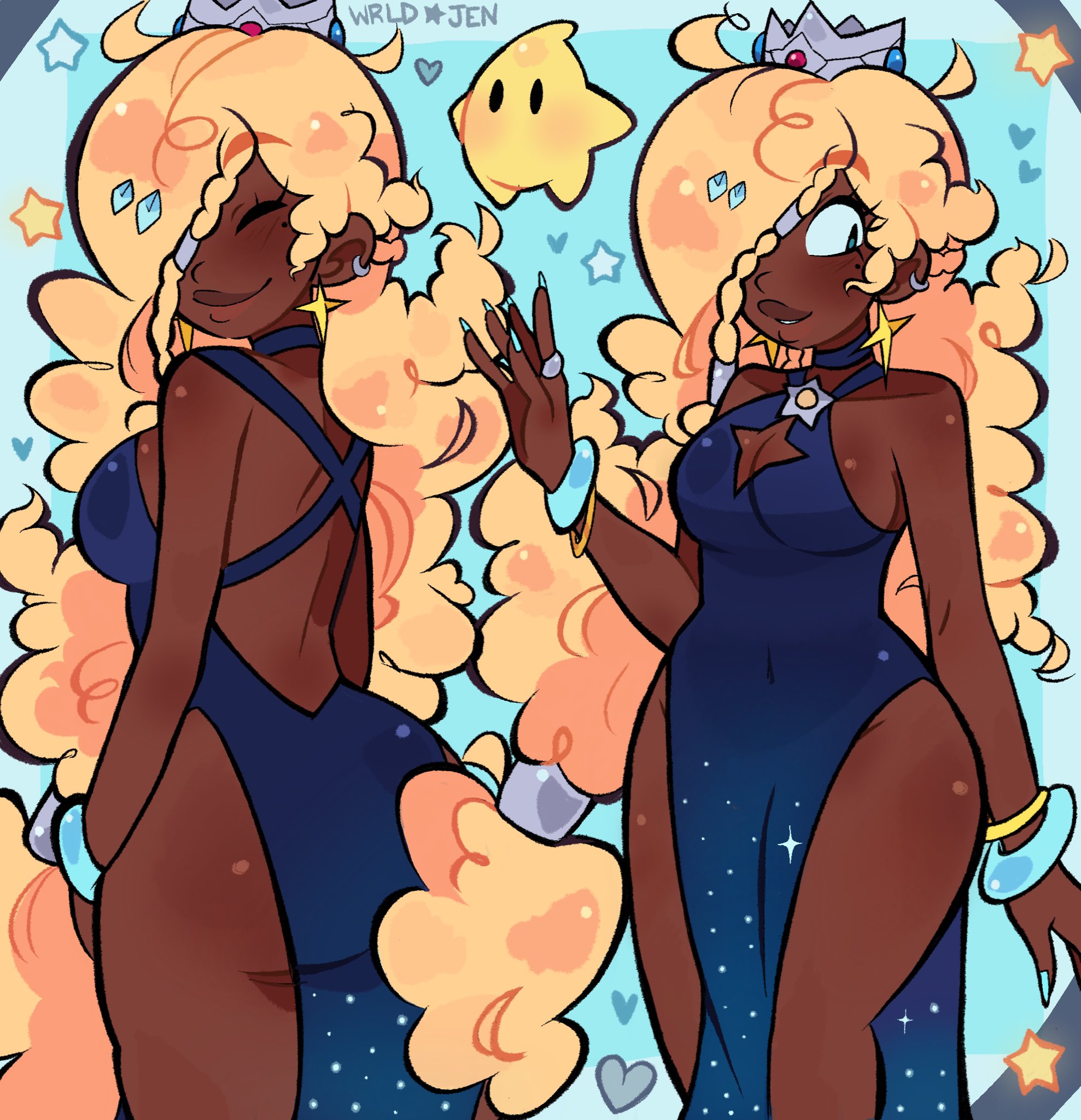 1girls, blonde, blonde female, blonde hair, boob window, bracelet, breasts, crown, dark skin, dark-skinned female, dress, earrings, female, female focus, female only, long hair, luma, mario (series), princess, princess rosalina, race swap, sideboob, super mario galaxy, tagme, thick thighs, very long hair, wide hips