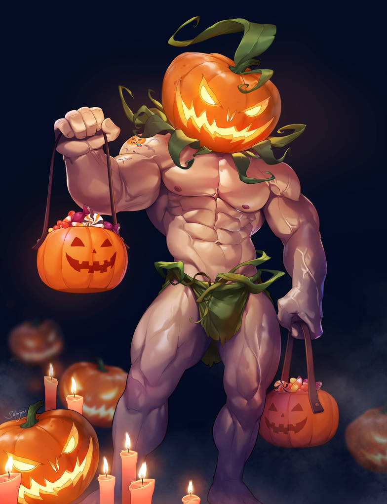 bara, candles, halloween, jack-o'-lantern, male, male only, muscular, pumpkin, silverjow, yaoi