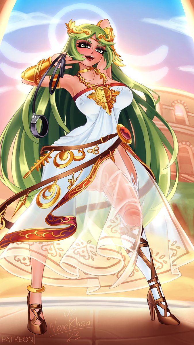 1futa, balls, big breasts, breasts, clothed, clothing, dress, erection, fully clothed, futa only, futadom, futanari, green hair, high heels, huge cock, human, intersex, kid icarus, kid icarus uprising, leash, light skin, light-skinned futa, long hair, looking at viewer, nenerhea, nintendo, palutena, penis, see-through, see-through clothing, solo, standing, translucent, translucent clothing