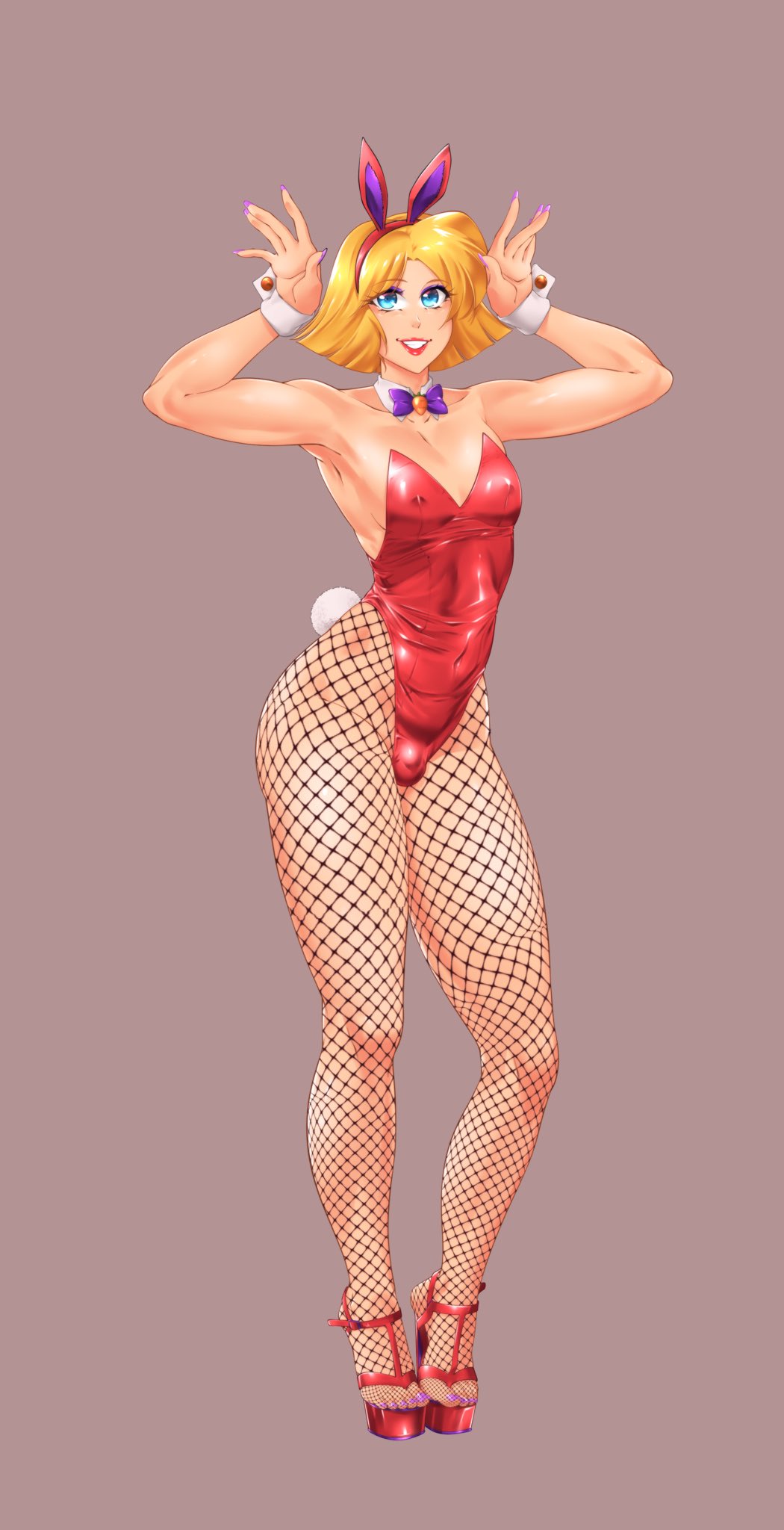 1boy 1femboy 2d 2d_(artwork) barely_clothed blonde_hair blue_eyes bulge bulge_through_clothing bunny_costume bunny_ears bunny_tail bunnysuit bunnysuit_bulge clover_(totally_spies) detached_collar erect_nipples femboy femboy_only feminine_male fishnet_legwear fishnet_pantyhose fishnets genderswap genderswap_(ftm) girly high_heels light-skinned_male light_skin male male_only necktie nipple_bulge playboy_bunny rule_63 short_hair small_penis solo solo_focus solo_male suiren_ciao thick_boy thick_femboy thick_thighs totally_spies trap wrist_cuffs