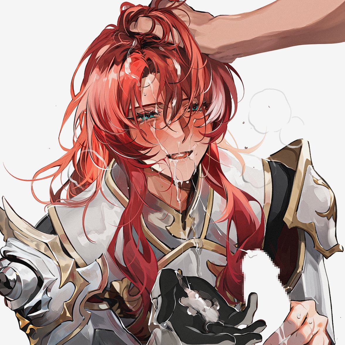 anime style, argenti (honkai: star rail), armor, bishonen, blowjob, blowjob face, blush, clothed, cum, cum in mouth, cum on face, dick in face, eating cum, gay, grabbing, grabbing hair, green eyes, hair grab, handjob, honkai (series), honkai: star rail, male, male focus, male only, male/male, penis, pretty boy, red hair, submission, submissive male, swallowing, swallowing cum, video games, white background, yaoi