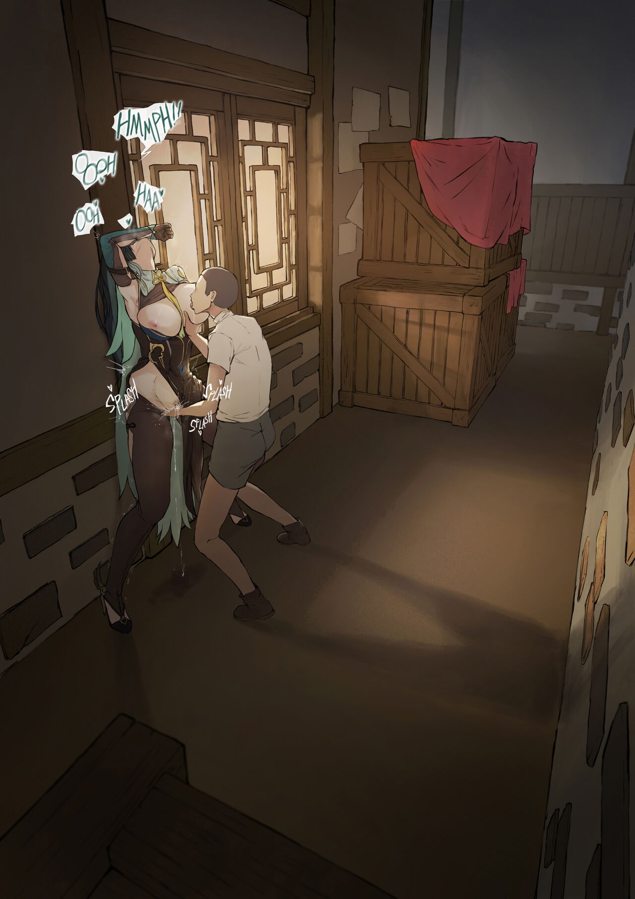 1boy, 1girls, against wall, alley, assertive male, black hair, breast squeeze, breast sucking, breasts, breasts out, colored inner hair, covering own mouth, dialogue, dubious consent, english text, faceless male, female, female orgasm, fingering, frozenspiderlily, genshin impact, glasses, green hair, hair ornament, hairless pussy, head thrown back, high heels, larger female, long hair, male, mature female, moaning, night, older female, outdoors, pants down, ponytail, pussy, pussy juice, pussy juice drip, smaller male, tagme, text, two-tone hair, very long hair, xianyun (genshin impact), younger male