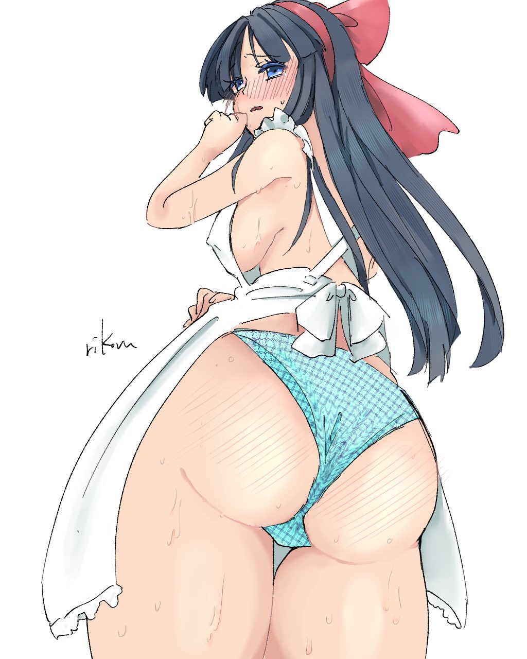 1girls apron artist_name ass big_ass big_breasts black_hair blue_eyes blush breasts busty covered_erect_nipples dat_ass fat_ass female female_only from_below hair_ribbon highres king_of_fighters large_breasts legs long_hair looking_at_viewer looking_back naked_apron nakoruru open_mouth panties ribbon samurai_shodown sensual sideboob snk solo spanked spanked_ass spanked_butt spanked_mark sweat thick_thighs thighs underwear wedgie