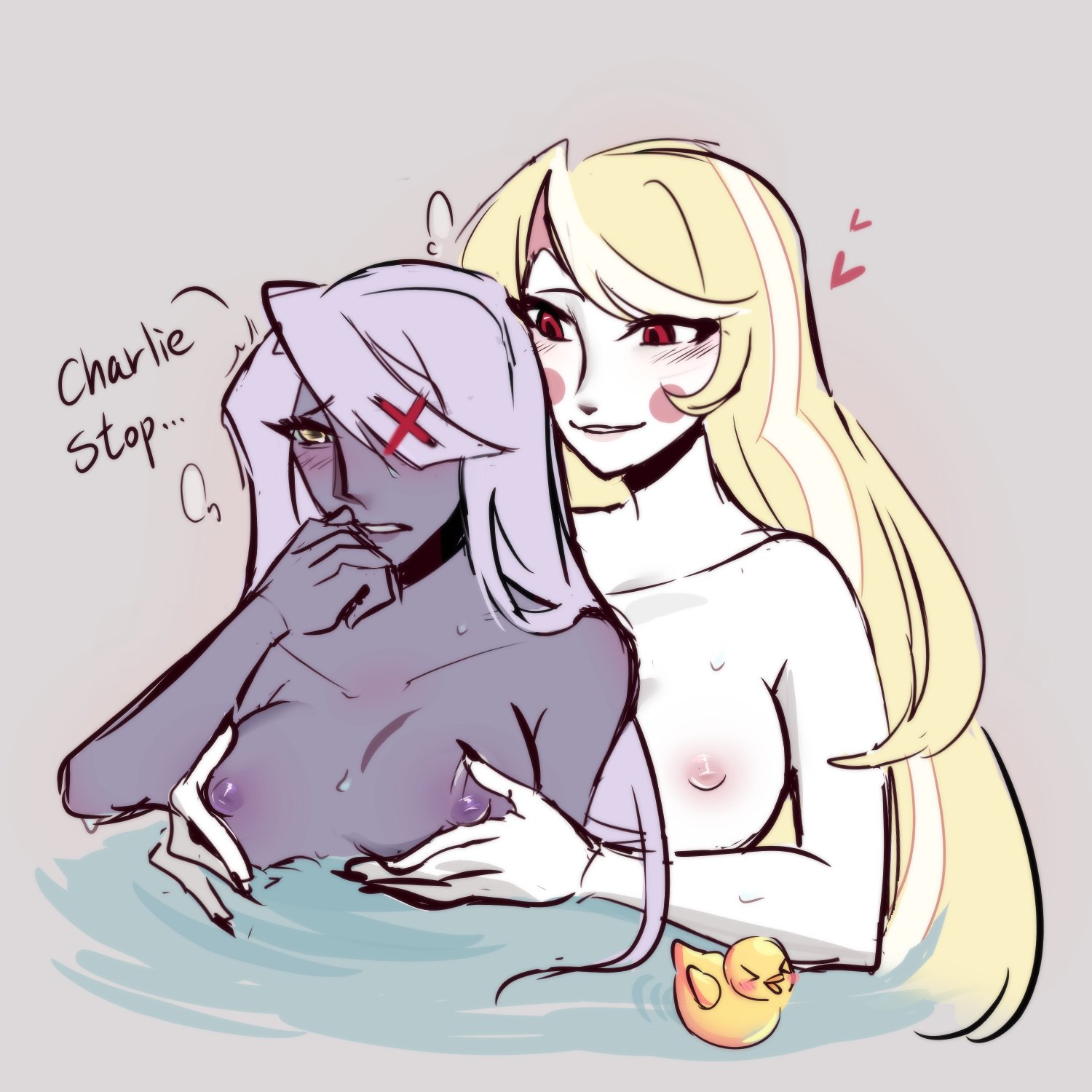 bathing, breast squeeze, breasts, charlie morningstar (hazbin hotel), female, groping breasts, groping from behind, hazbin hotel, lesbian sex, nipples, onigiripus, vaggie (hazbin hotel), yuri