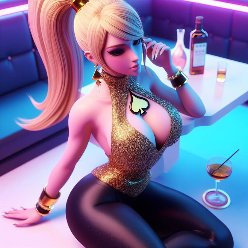 1girls, ai generated, ass, big ass, big breasts, bimbo, blonde hair, breasts, cleavage, clothing, earrings, female, female focus, female only, hourglass figure, lexithong, metroid, nail polish, nails, nintendo, painted nails, queen of spades, raceplay, samus aran, thick thighs, tight