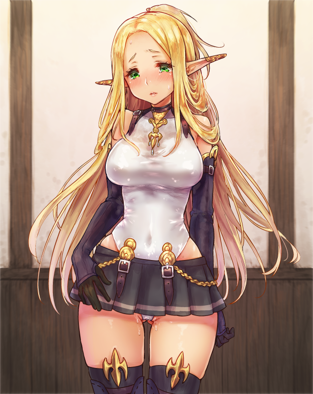 armwear blonde_hair blush breasts clothed clothing elbow_gloves elf etrian_odyssey eyelashes female gloves green_eyes hair humanoid legwear leotard lips long_hair po_ni pointy_ears pussy_juice skirt solo stockings sweat thigh_highs