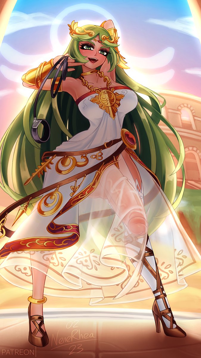 1futa, balls, big breasts, breasts, clothed, clothing, dress, erection, fully clothed, futa only, futadom, futanari, green hair, high heels, huge cock, human, intersex, kid icarus, kid icarus uprising, leash, light skin, light-skinned futa, long hair, looking at viewer, nenerhea, nintendo, palutena, penis, see-through, see-through clothing, solo, standing, translucent, translucent clothing