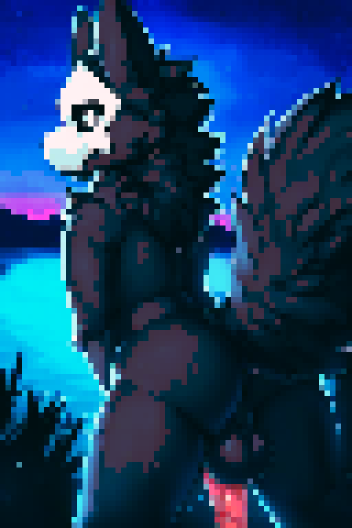 ai_generated anthro ass big_tail black_fur changed_(video_game) detailed_background from_behind furry furry_ears furry_tail looking_at_viewer male male_only penis pick_up_a_pencil pixel_art puro_(changed) solo