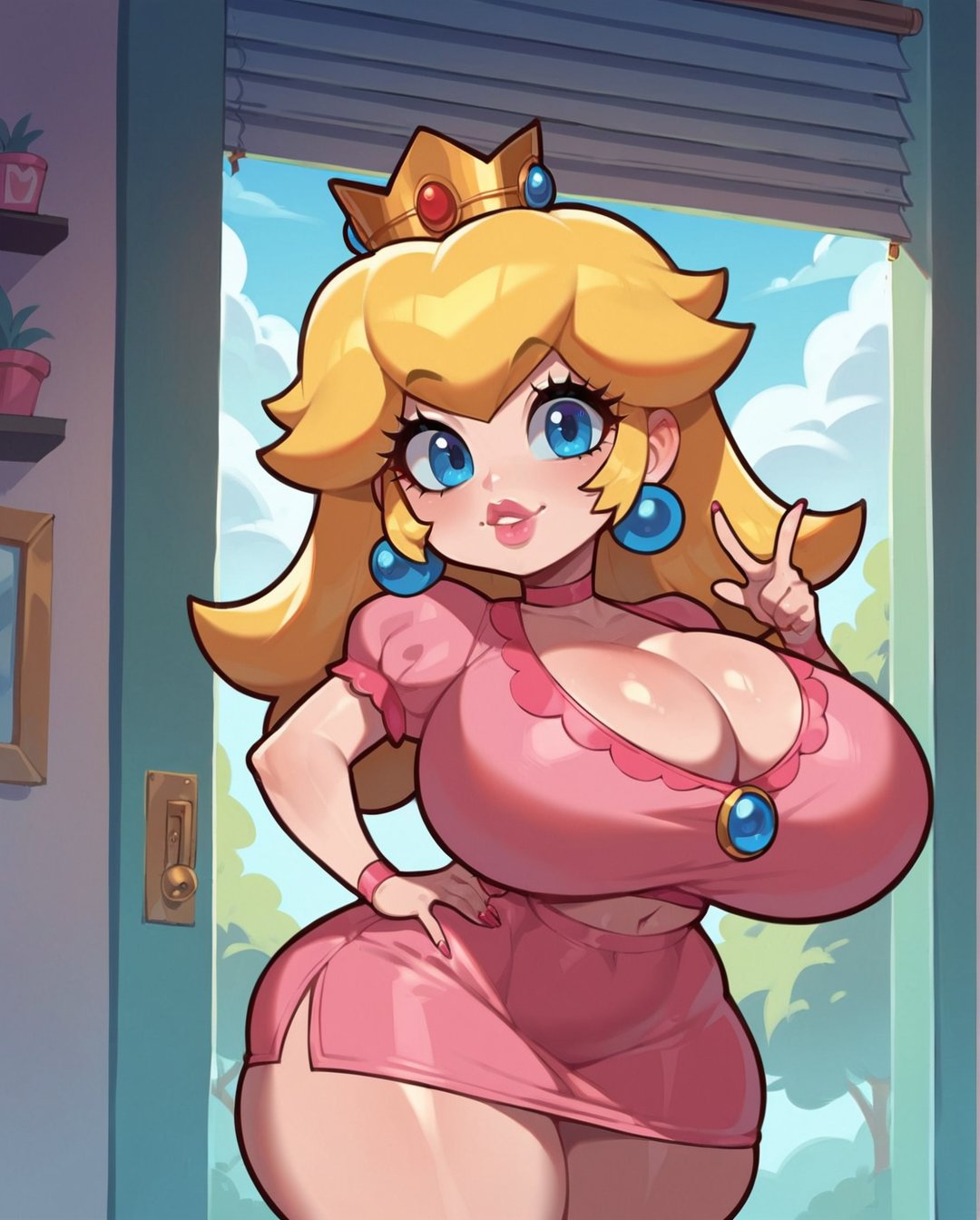 1girls, ai generated, big breasts, blonde hair, blue eyes, breasts, cleavage, clothing, female, female only, hand on hip, mario (series), princess peach, rocksolidart, solo, solo female, standing
