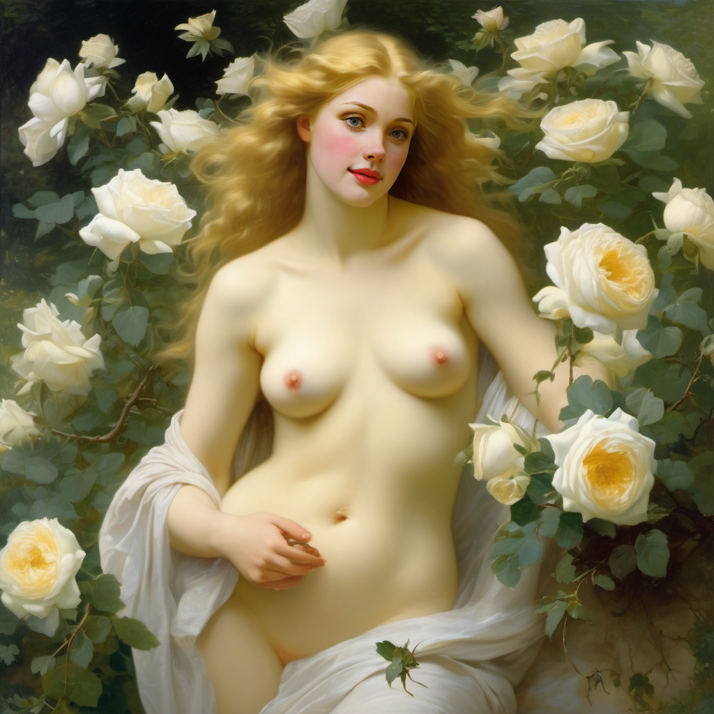 ai_generated belly blonde_hair blue_eyes breasts convenient_censoring curly_hair curvy female flower flowers lips long_hair medium_breasts navel nipples nude presenting realistic rose_(flower) smile solo white_rose william_bouguereau