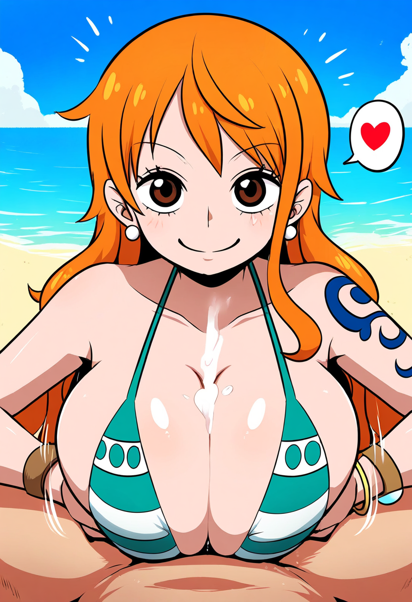 1boy, 1girls, ai generated, arm tattoo, artist request, bikini, blue tattoo, breasts, cum, cum on breasts, female, female focus, happy, heart, male, nami (one piece), novelai, one piece, orange hair, orange-haired female, paizuri, poshdog, post-timeskip, pov, tattoo