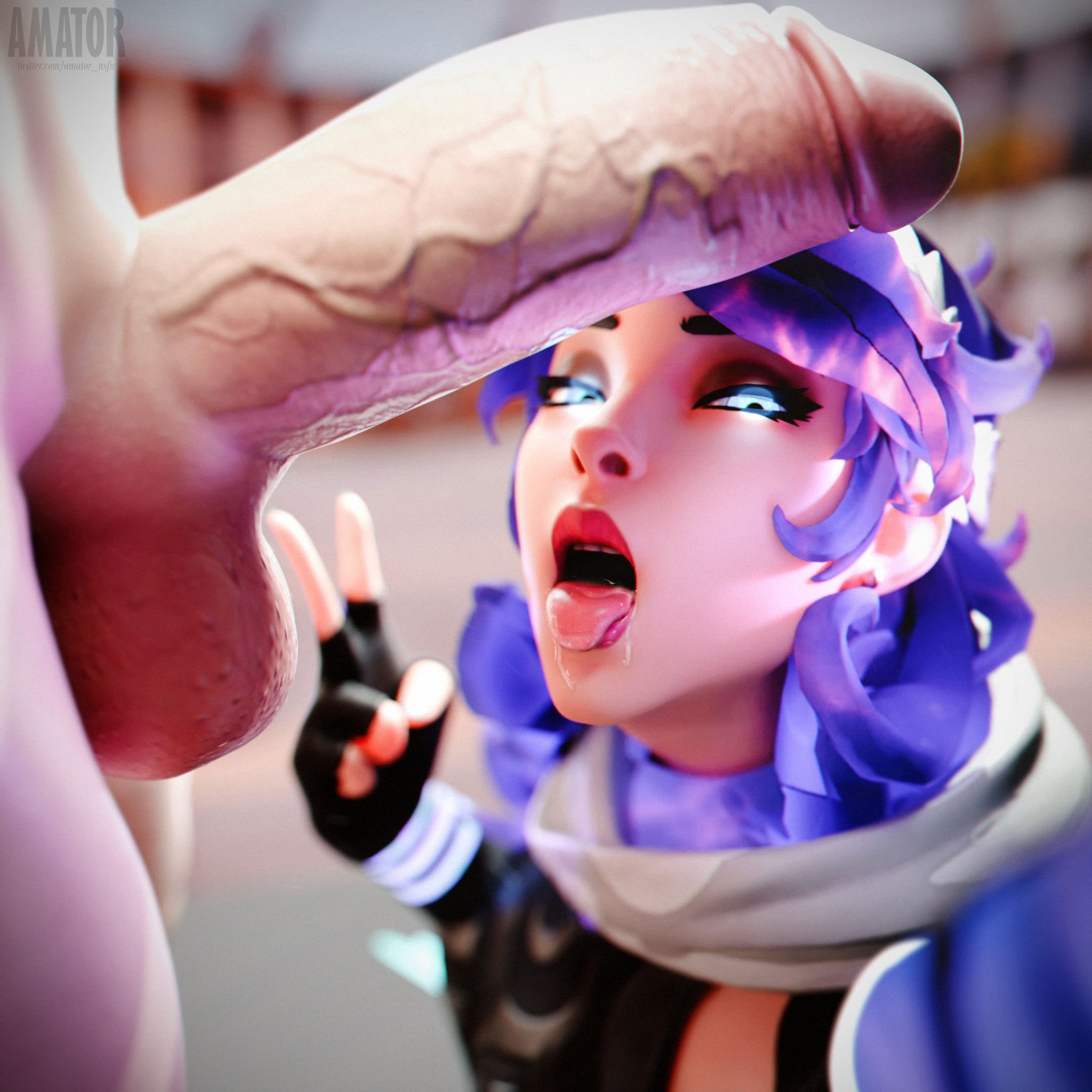 1boy, 1girls, amatornsfw, artemis, artemis (fortnite), balls, big penis, blue eyes, clothed, clothed female, clothing, completely nude, female, fortnite, fortnite: battle royale, fully clothed, fully clothed female, glowing eyes, goddess, looking at viewer, male, male/female, nude, nude male, penis, purple hair, saliva, saliva string, saliva trail, tongue, tongue out, veiny penis