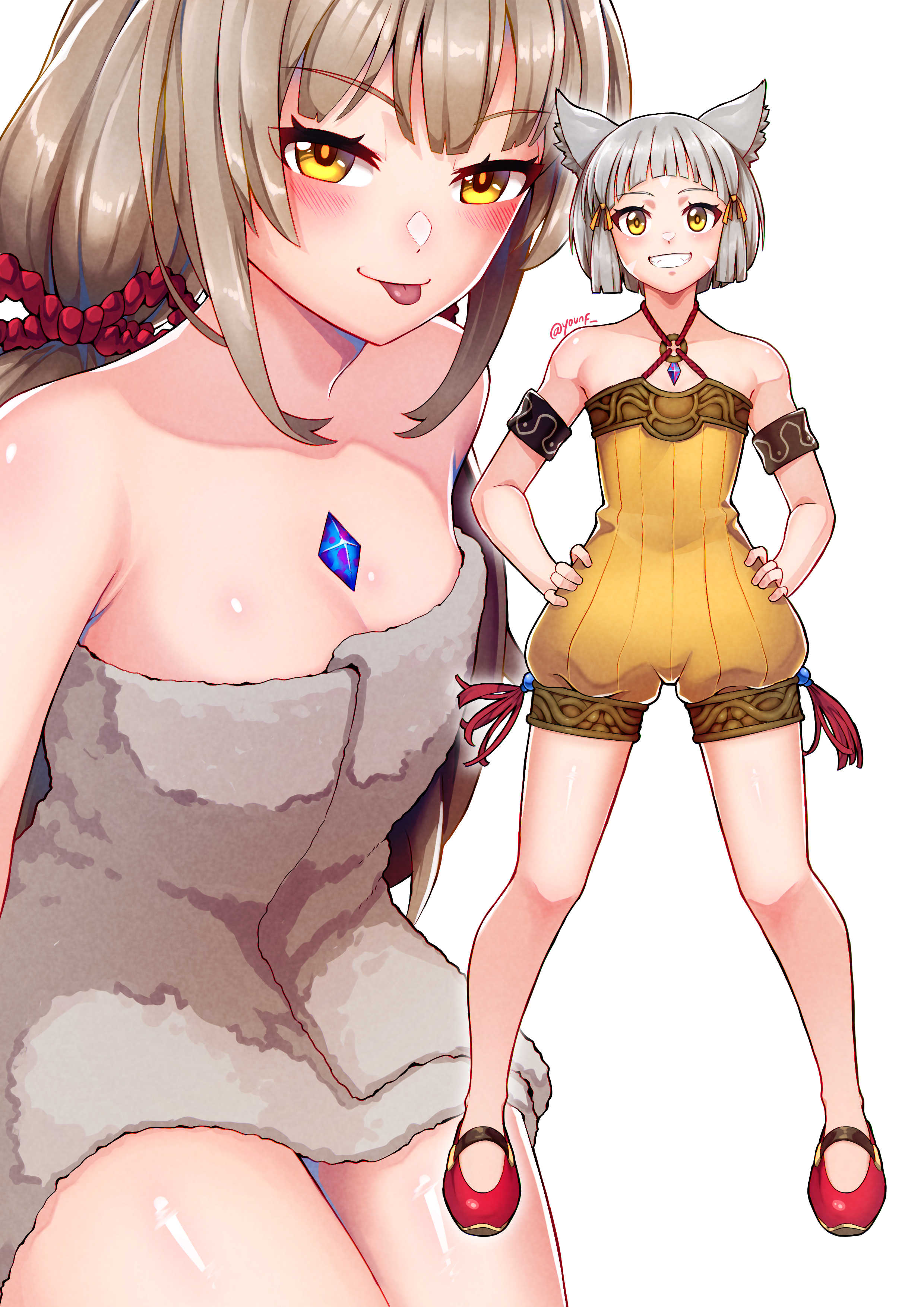 animal ears, breasts, cat ears, cat girl, catgirl, cleavage, core crystal, female, female only, grey hair, looking at viewer, nia, nia (blade), nia (xenoblade), nintendo, small breasts, solo, thighs, towel, xenoblade (series), xenoblade chronicles 2, yellow eyes, younf 