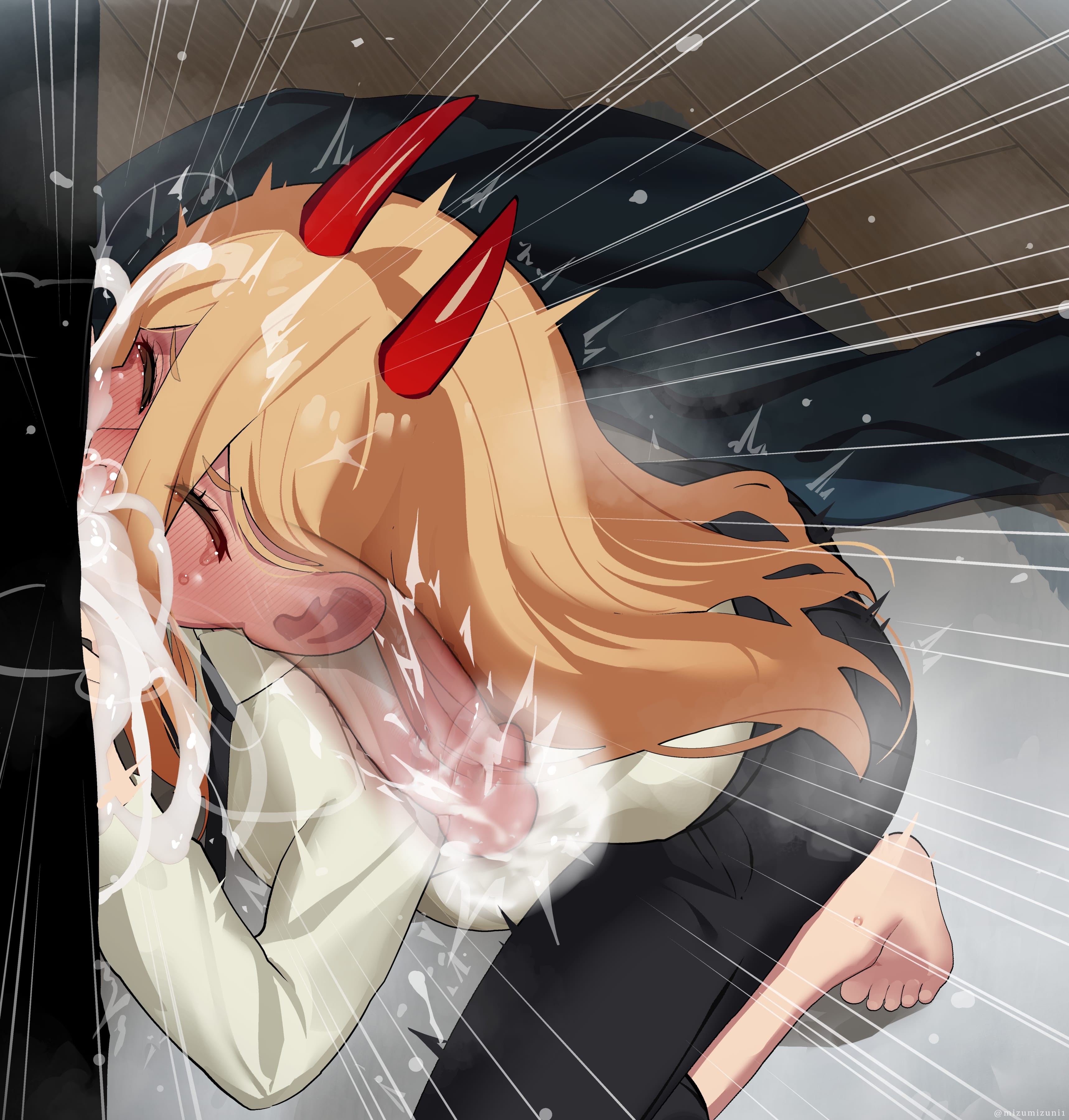 1boy, 1girls, absurdres, black necktie, black pants, blonde hair, chainsaw man, closed eyes, cum, cum in mouth, cum in nose, cum in stomach, cum in throat, cum inside, cumflated belly, cumflation, decensored, deepthroat, erection, fellatio, female, female penetrated, highres, horns, huge cock, inflation, long sleeves, male, male penetrating, male penetrating female, male/female, mizumizuni, necktie, oral, overflow, pants, penis, power (chainsaw man), red horns, saliva, sex, shirt, solo focus, squatting, straight, tearing up, tears, uncensored, veins, veiny penis, white shirt, x-ray