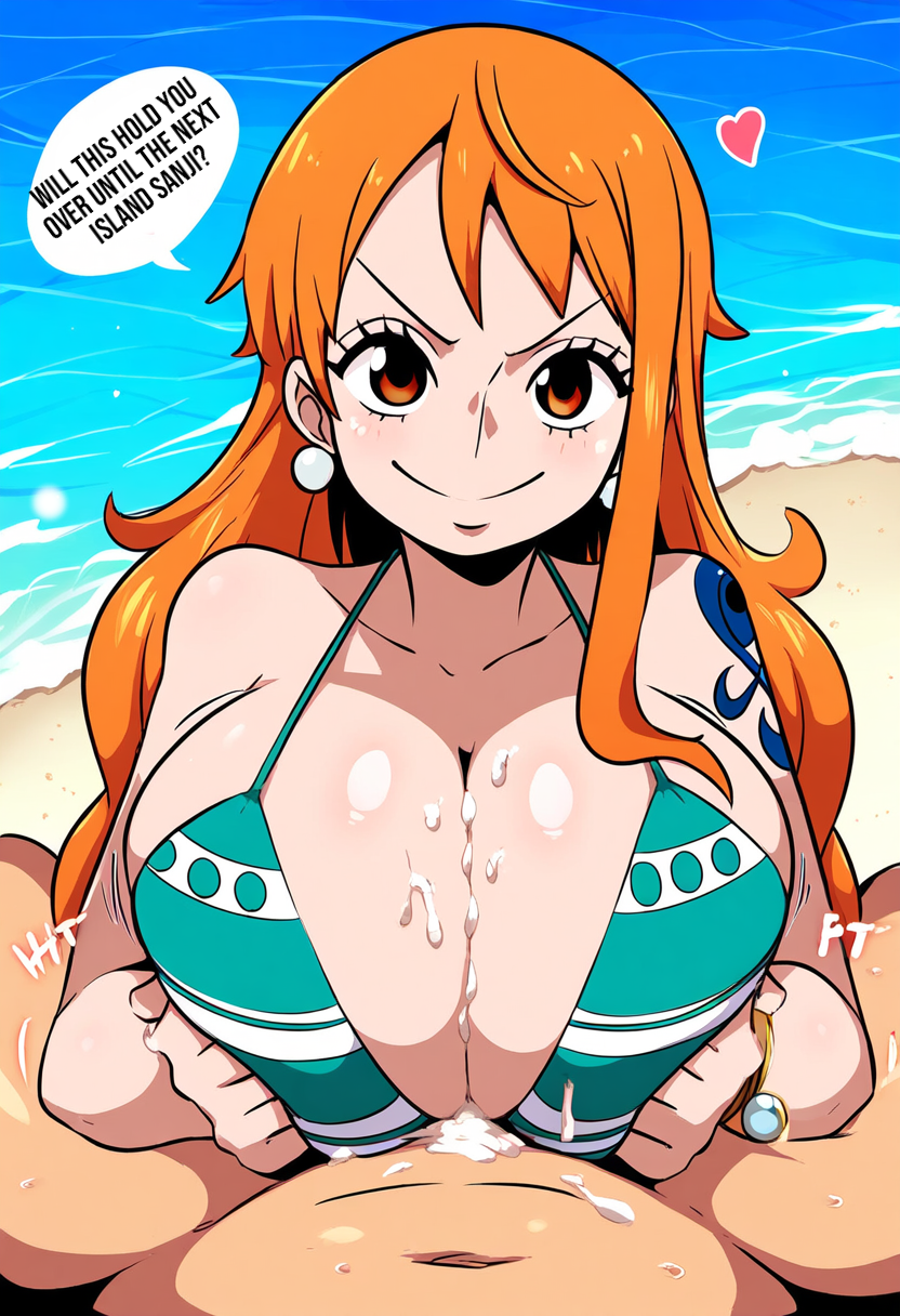 1boy 1girls ai_generated artist_request bikini cum cum_on_breasts female female_focus happy heart male nami nami_(one_piece) novelai one_piece paizuri poshdog post-timeskip pov sanji speech_bubble talking_to_viewer vinsmoke_sanji