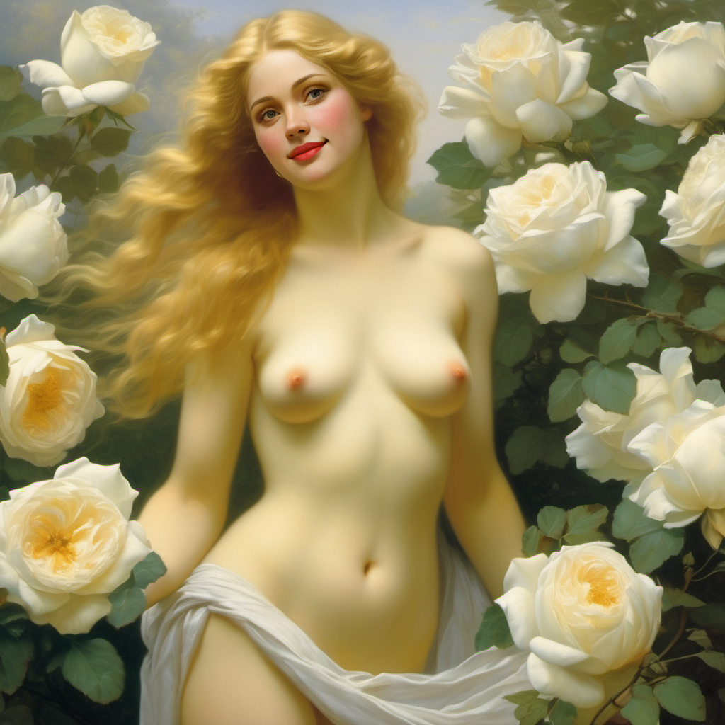 ai_generated belly blonde_hair blue_eyes breasts convenient_censoring curly_hair curvy female flower flowers lips long_hair medium_breasts navel nipples nude presenting realistic rose_(flower) smile solo white_rose william_bouguereau