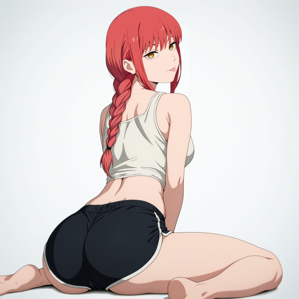 1girls, ai generated, booty shorts, chainsaw man, kreivan, makima (chainsaw man), plain background, red hair, solo, tongue