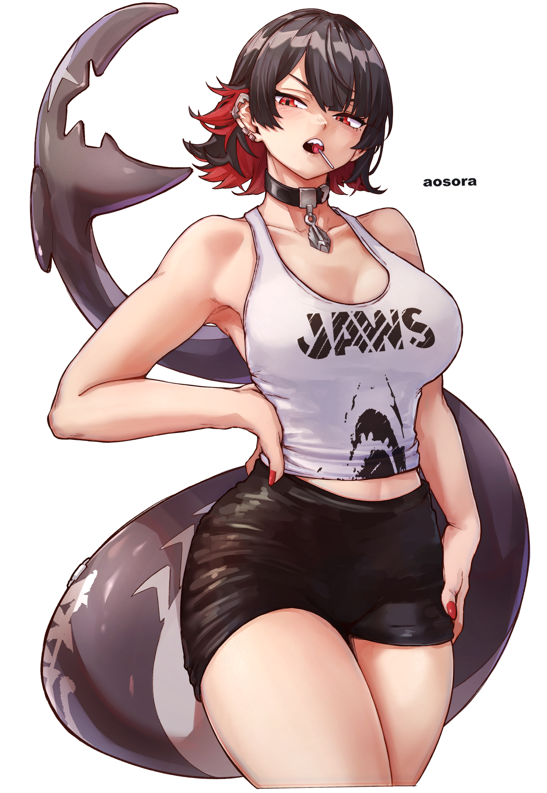 2d, 2d (artwork), aosora, big breasts, black hair, breasts, ellen joe, female, light skin, light-skinned female, multicolored hair, red hair, shark girl, shark tail, short hair, video game character, zenless zone zero