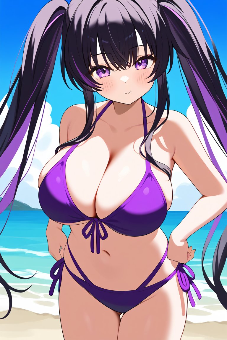 1girls ai_generated beach big_breasts bikini black_hair blush blushing female flanofart multicolored_hair oc original purple_eyes purple_hair smile smiling smiling_at_viewer solo solo_female tagme twintails