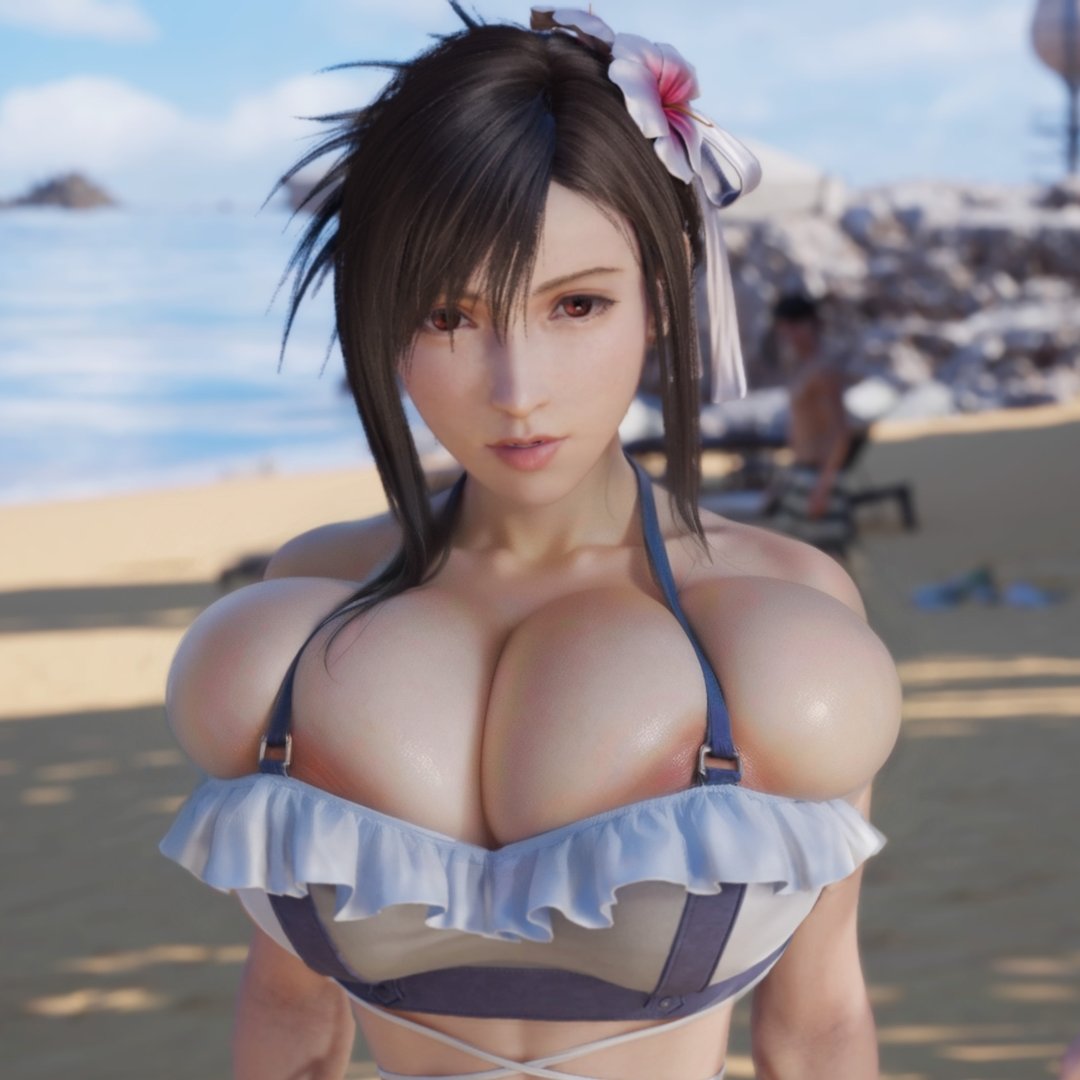 3d, alternate breast size, areola slip, beach, bikini, bikini top, breasts, bursting breasts, female, final fantasy, final fantasy vii, final fantasy vii remake, lunarpuddingyum, massive breasts, screenshot edit, swimsuit, tifa lockhart, tifa lockhart (shining spirit)