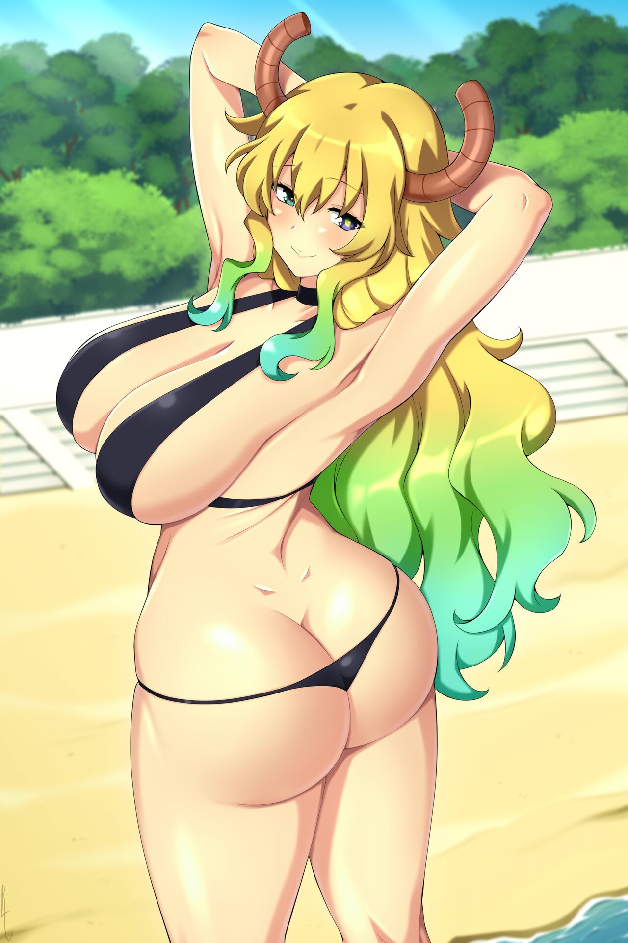 bikini dragon_girl dragon_horns huge_breasts lindaroze lucoa lucoa_(maidragon) miss_kobayashi's_dragon_maid quetzalcoatl_(dragon_maid) skimpy_bikini tagme