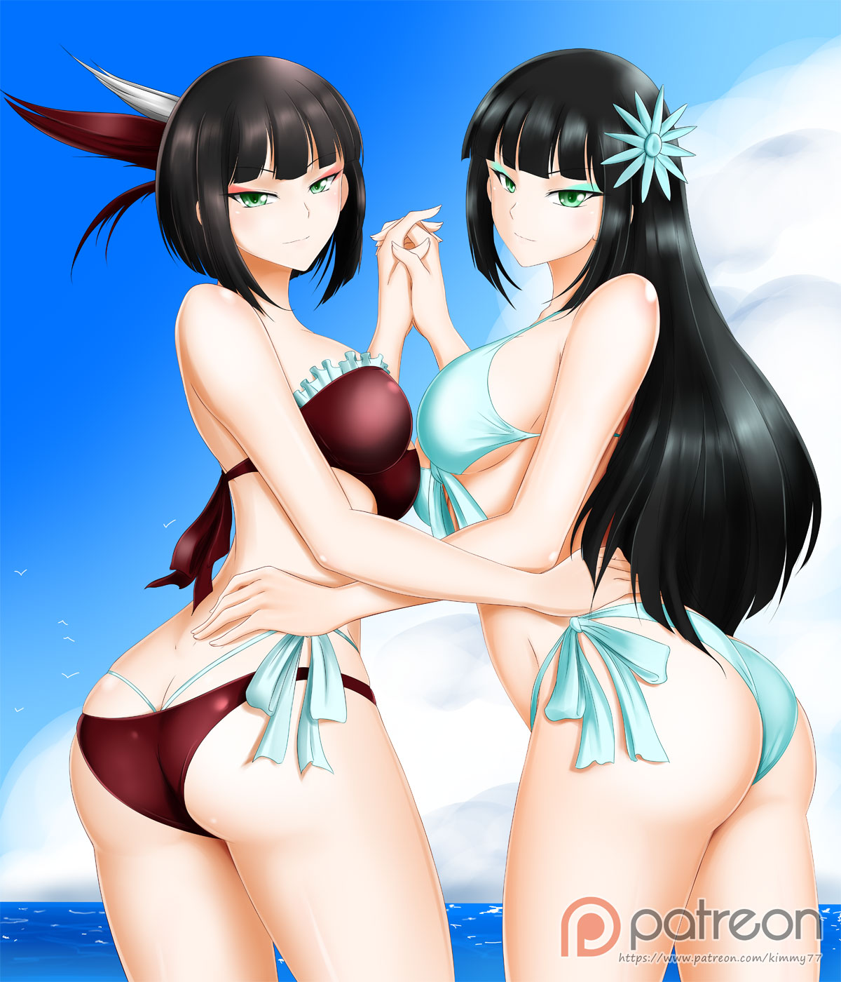 >:) 2girls alternate_costume aqua_bikini aqua_swimsuit ass ass_cleavage bangs bare_arms bare_legs bare_shoulders beach bikini black_hair blunt_bangs blush breasts butt_crack closed_mouth cloud day eyeshadow female female_only frilled_bikini frilled_swimsuit frills green_eyes hair_ornament hand_holding hand_up hug interlocked_fingers kimmy77 large_breasts legs long_hair looking_at_viewer looking_back makeup medium_breasts melanie_malachite midriff miltiades_malachite multiple_females multiple_girls neck ocean outdoors red_bikini red_swimsuit rwby sea short_hair siblings side-tie_bikini sideboob sisters sky smile standing strapless strapless_bikini strapless_swimsuit swimsuit twins water