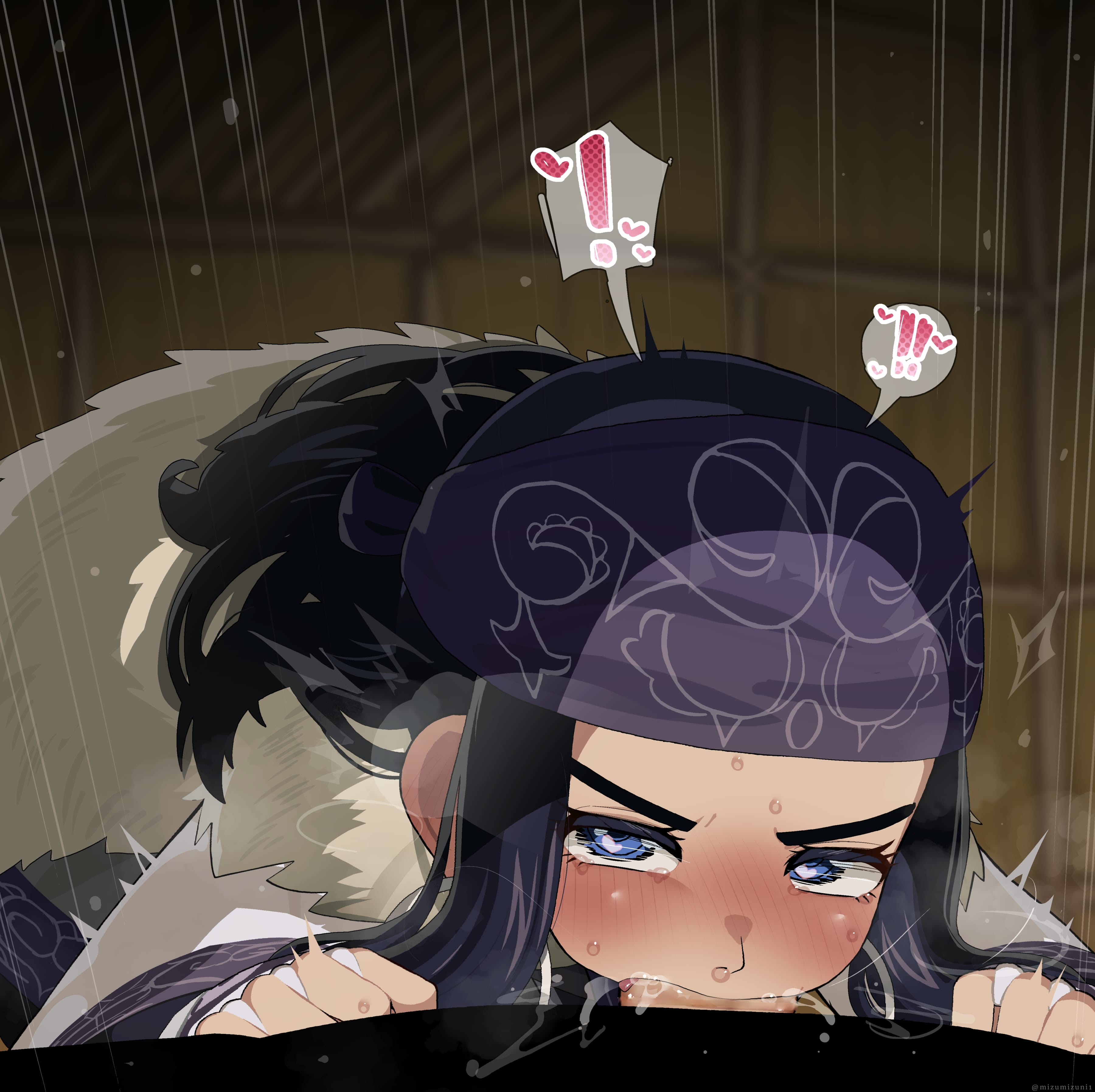 !, !!, 1boy, 1girls, all the way to the base, asirpa, bandana, black hair, blue eyes, blush, clothing, decensored, deepthroat, earrings, fellatio, female, fur coat, golden kamuy, heart, heart-shaped pupils, long hair, looking at viewer, male, male/female, mizumizuni, penis, pov, saliva, sweat, uncensored