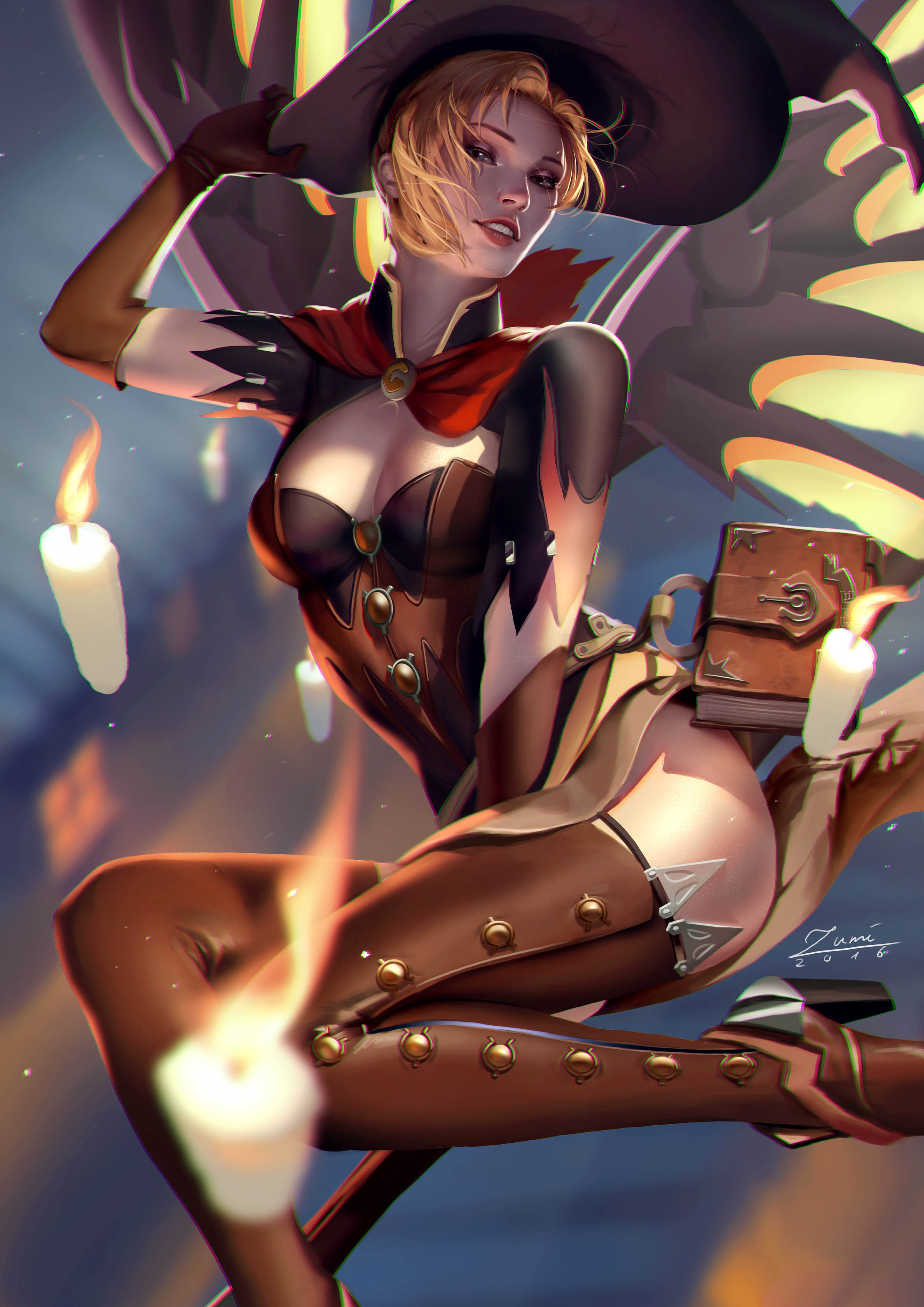1girls, 2016, alternate costume, blonde hair, blue eyes, book, broom, broom riding, broomstick, color, female, flying, high resolution, highres, mercy, overwatch, tagme, witch, witch hat, witch mercy, zumi